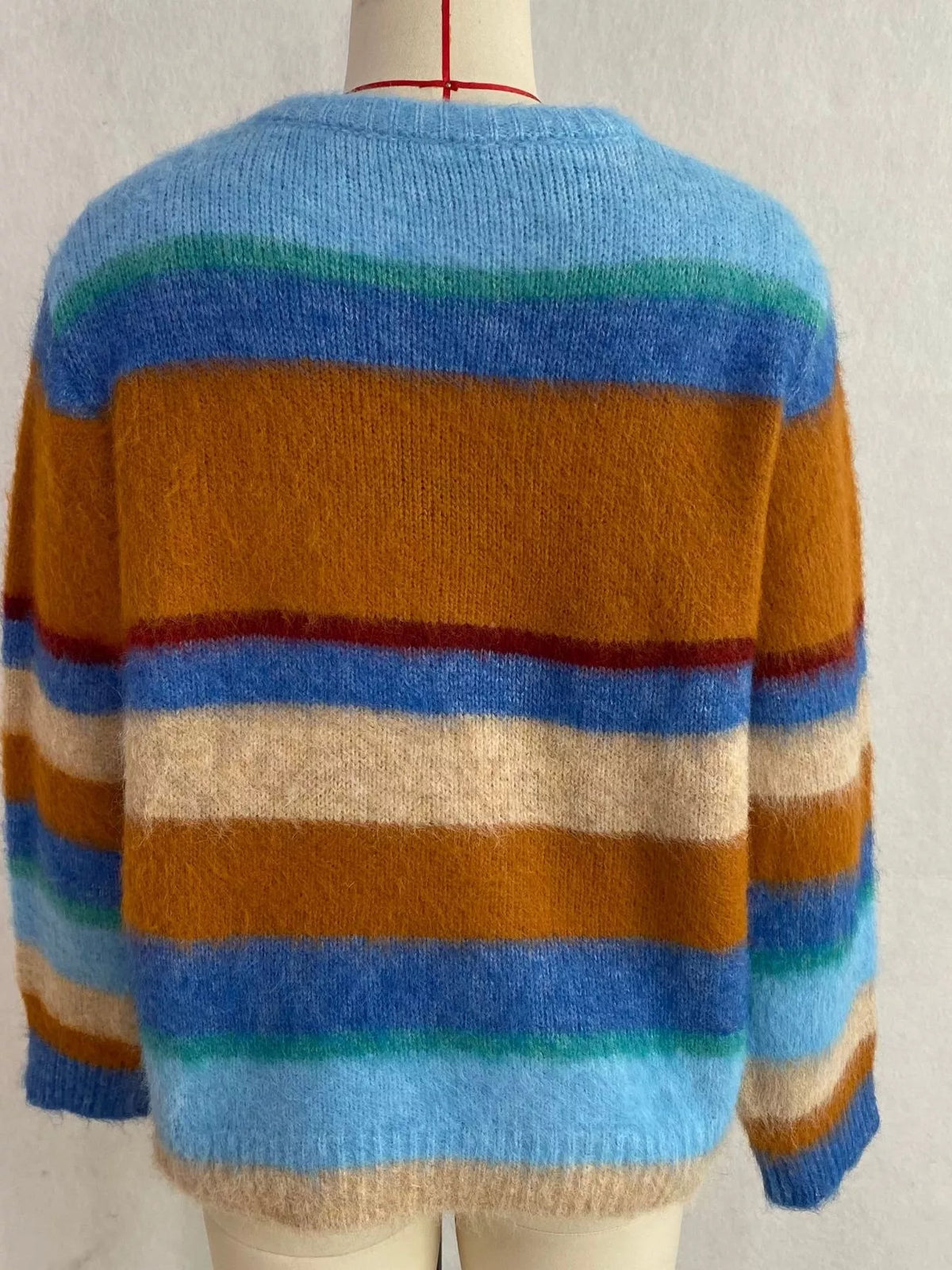 Fuzzy Striped Crew Neck Sweater in Blue, view 7