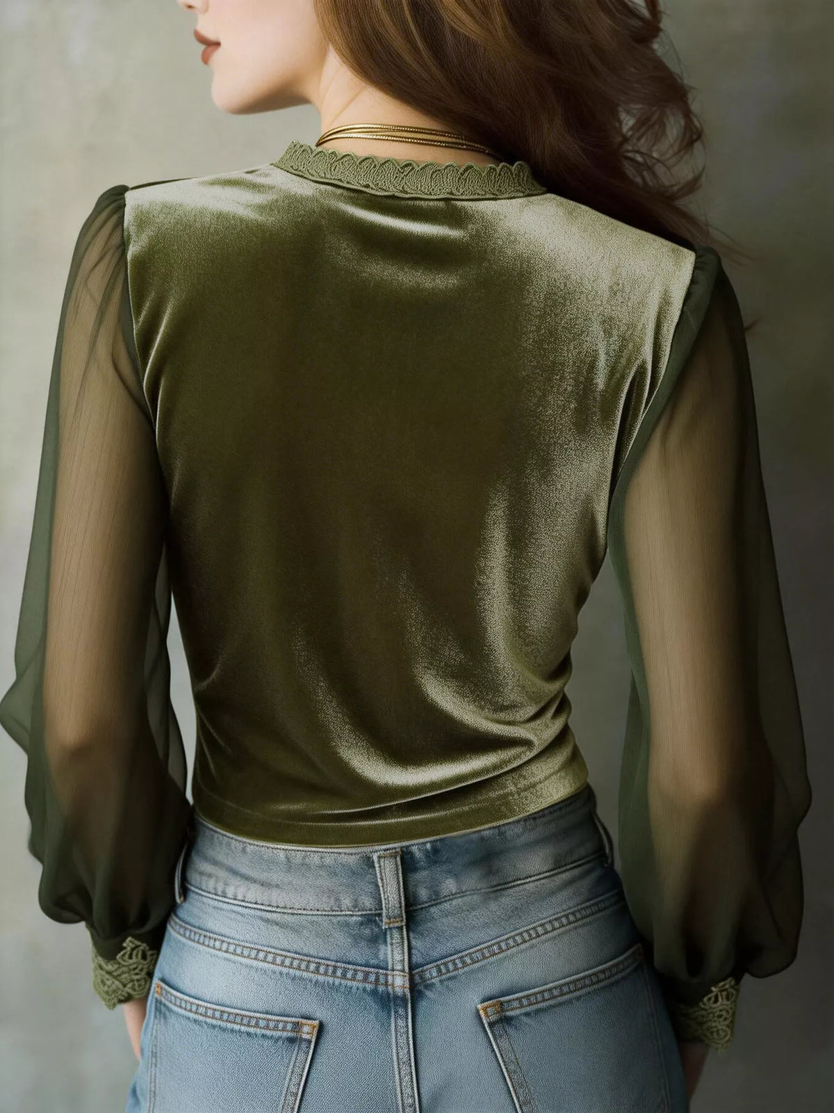 Lace Trim Sheer Long Sleeve Blouse