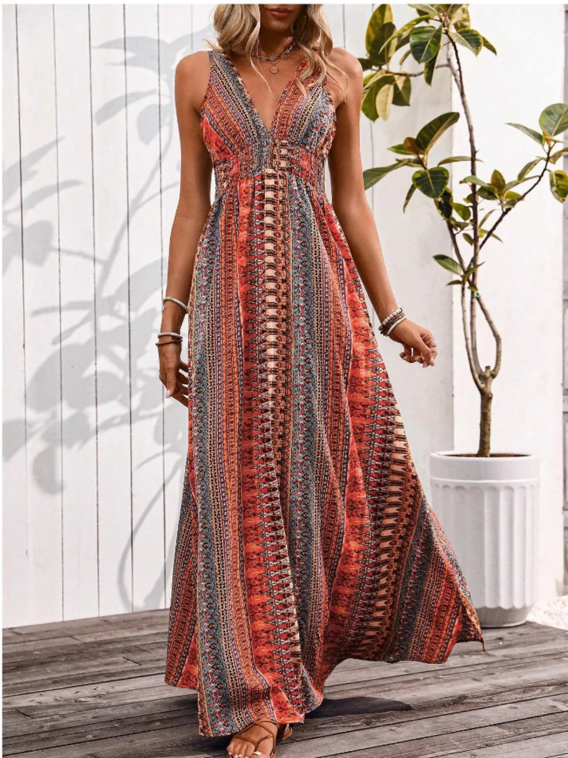 Tied Back Printed Sleeveless Maxi Slit Dress, view 3