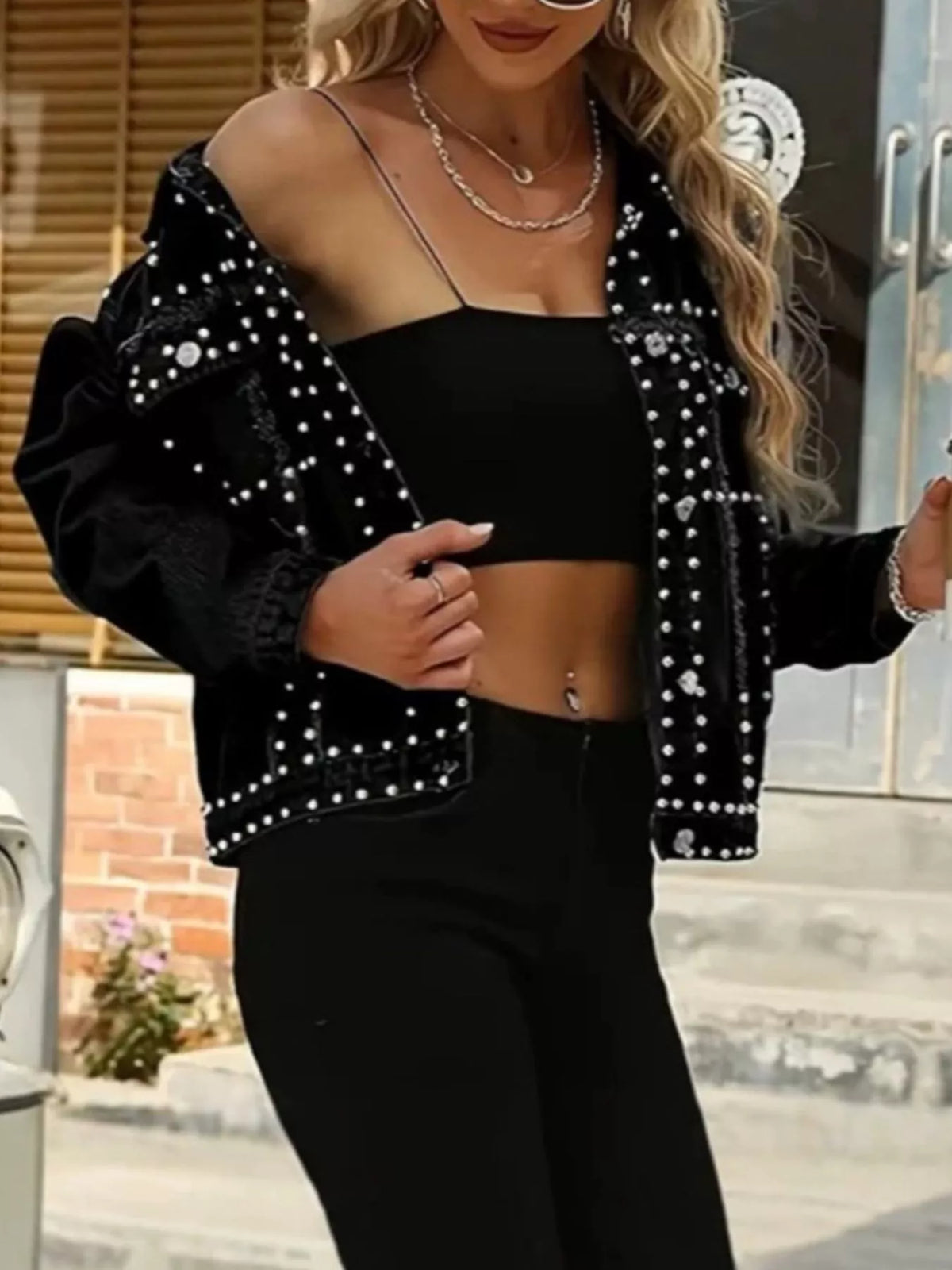 Full Size Studded Button Up Denim Jacket Plus Size - Lilixa.store