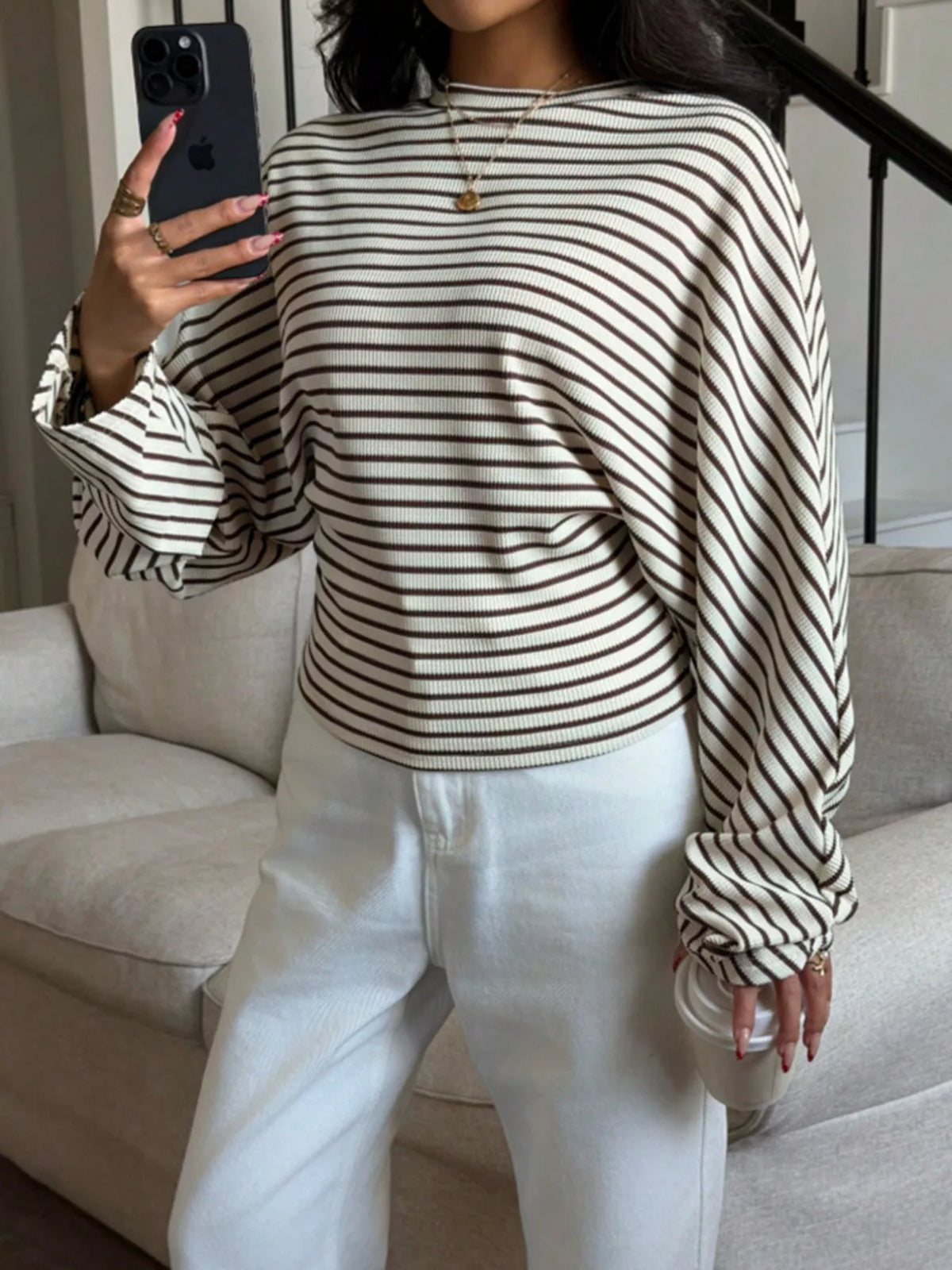 Casual Striped Long Sleeve Batwing T-Shirt in Off-white