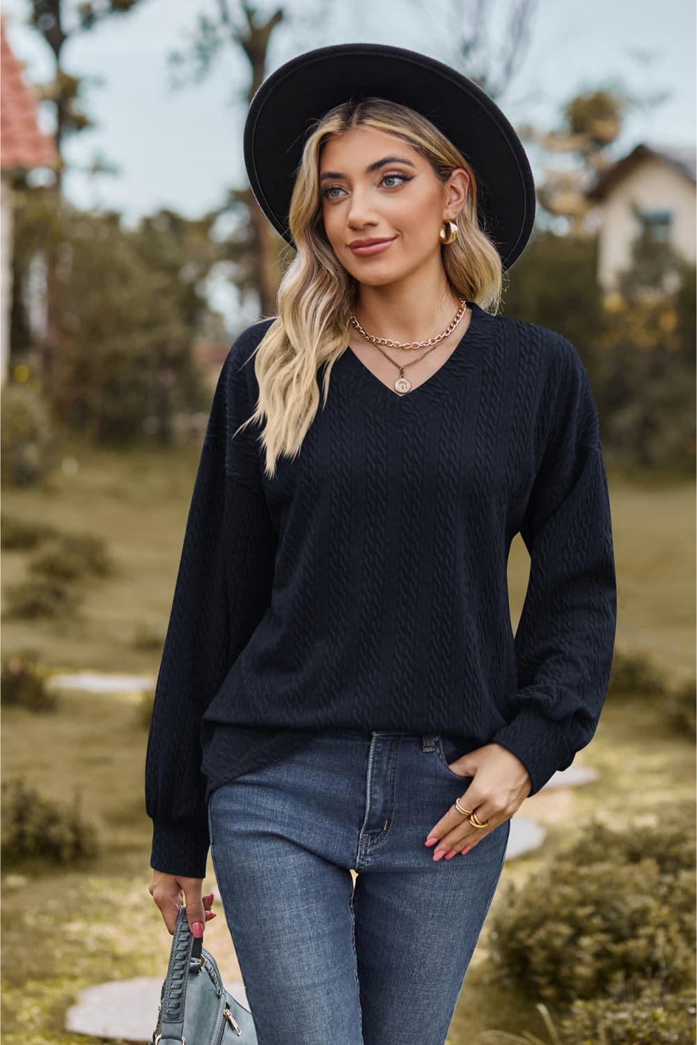 V-Neck Dropped Shoulder Blouse in Dark Blue