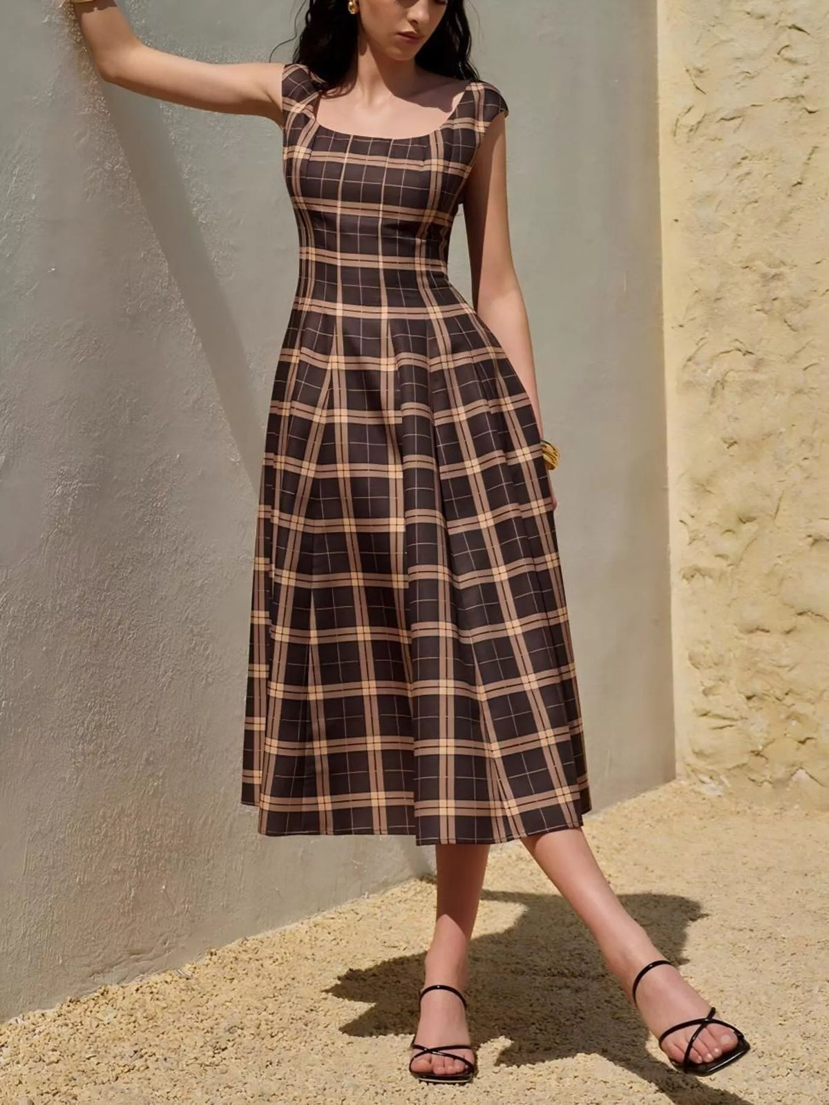 Square Neck Plaid Midi Dress - Lilixa.store