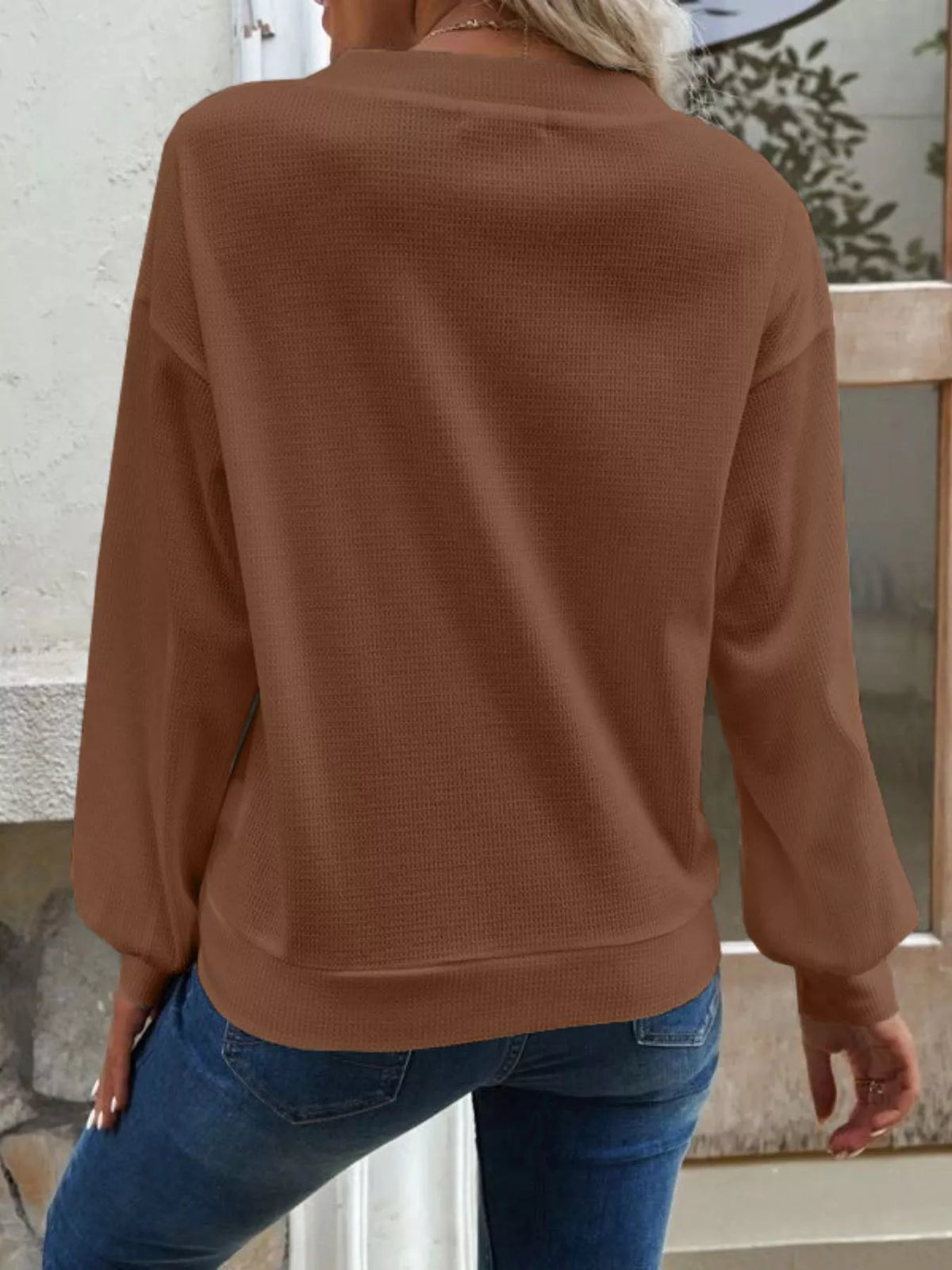 Casual V-Neck Waffle Long Sleeve Top, view 8