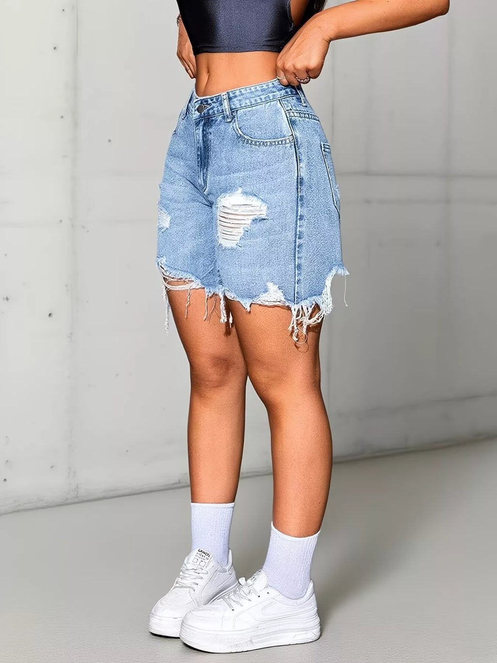 Distressed High Waist Denim Shorts - Lilixa.store