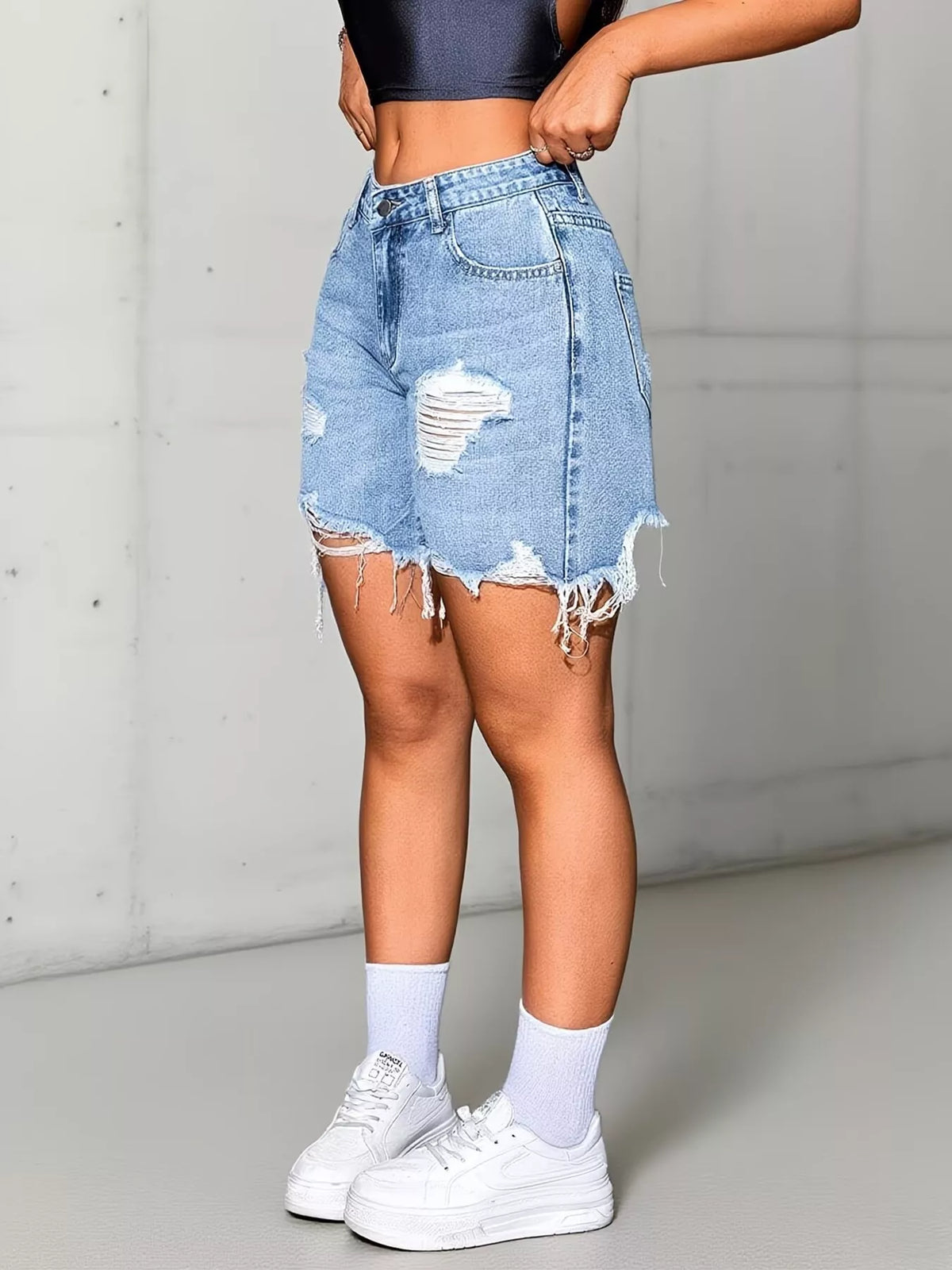 Distressed High Waist Denim Shorts - Lilixa.store