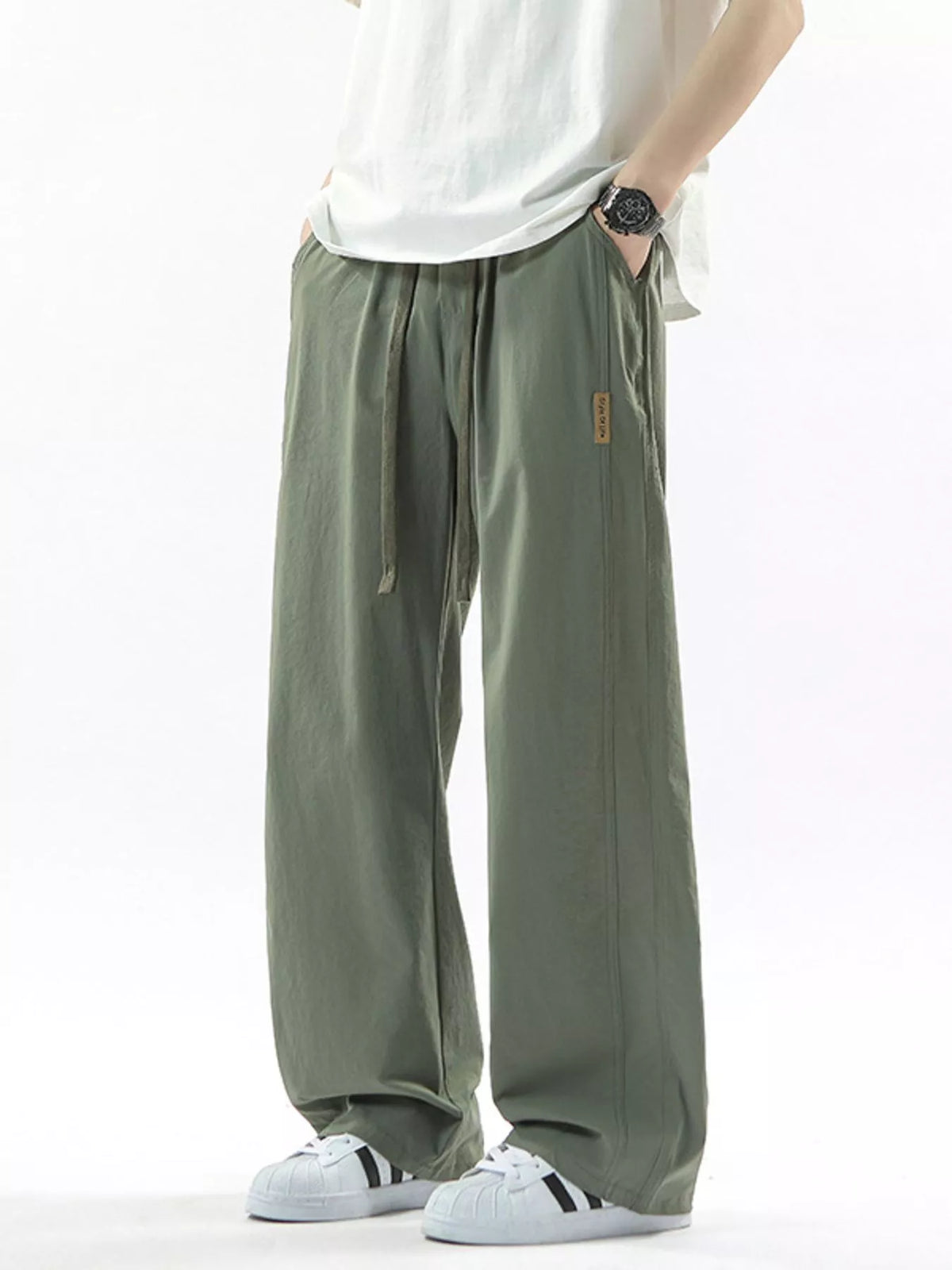 Men's Full Size Loose Fit Drawstring Wide Leg Pants Plus Size in Light Military Green