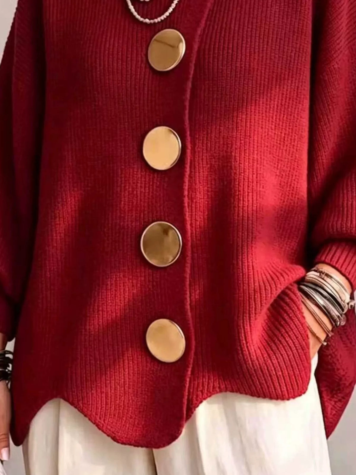 Full Size Gold Buttons Lantern Sleeve Cardigan Plus Size - Lilixa.store