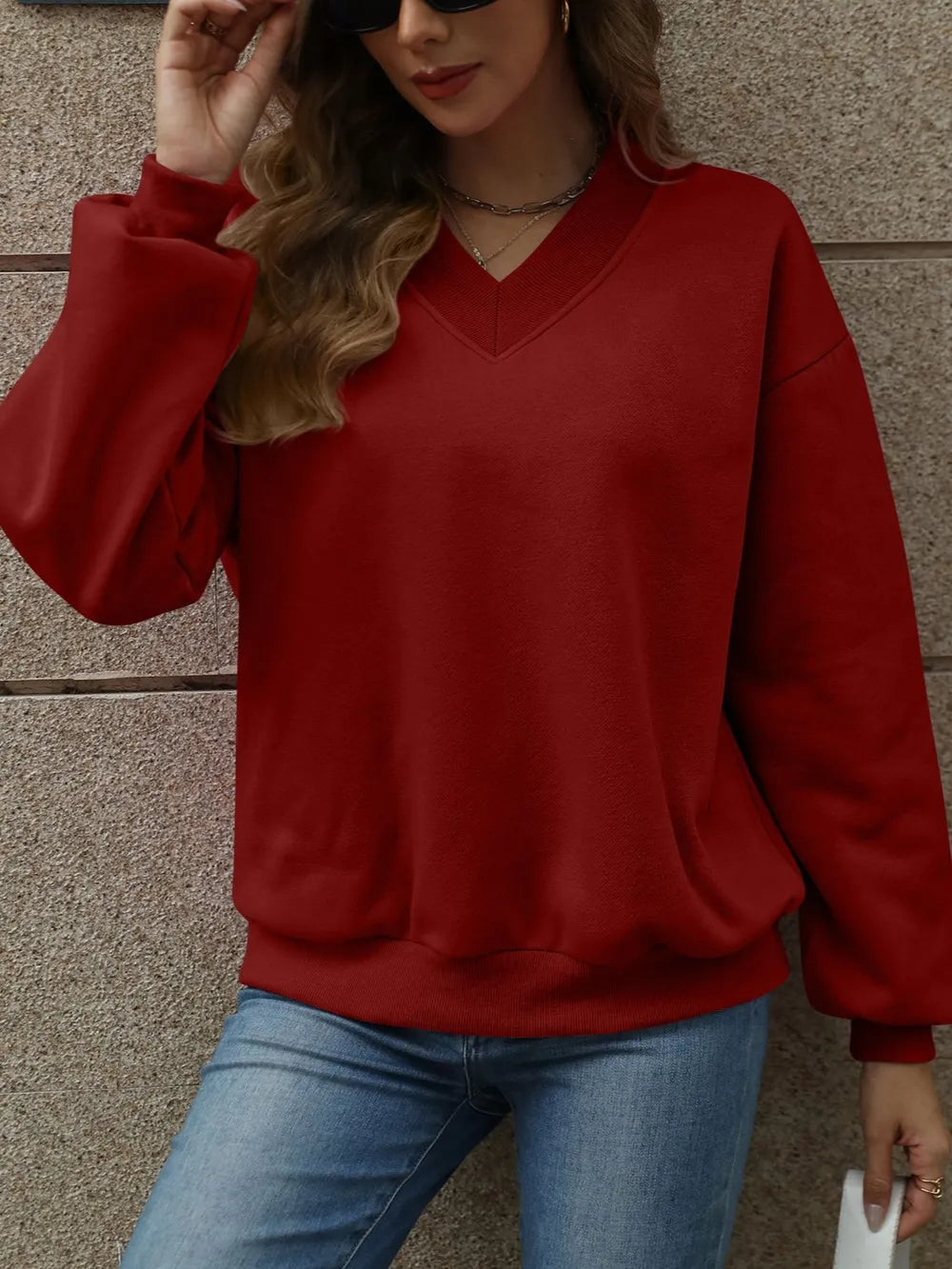 V-Neck Long Sleeve Dropped Shoulder Sweatshirt - Lilixa.store