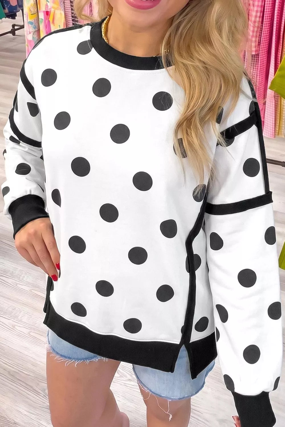 Polka Dot Crew Neck Sweatshirt - Lilixa.store