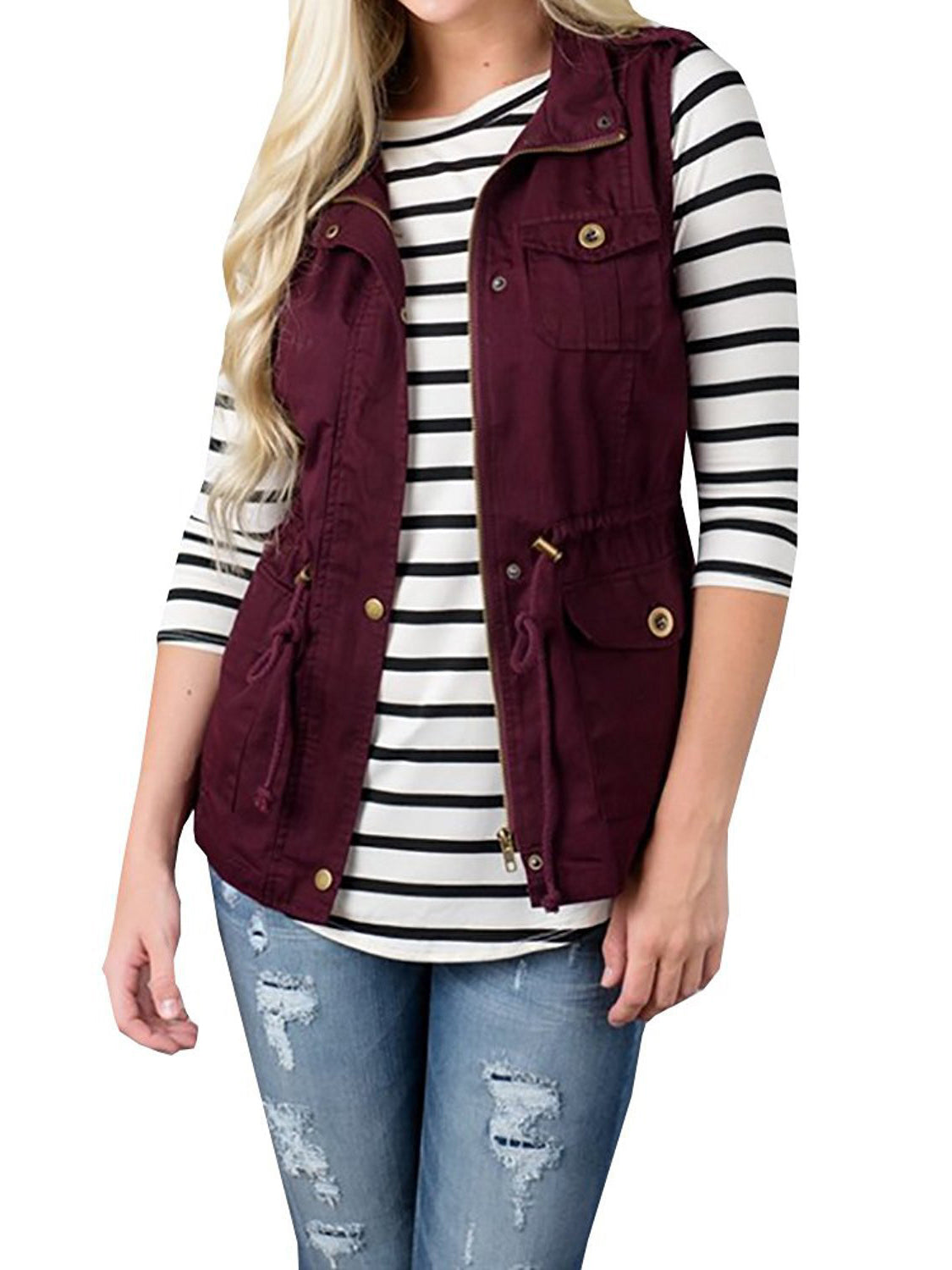 Drawstring Waist Vest with Pockets in Wine