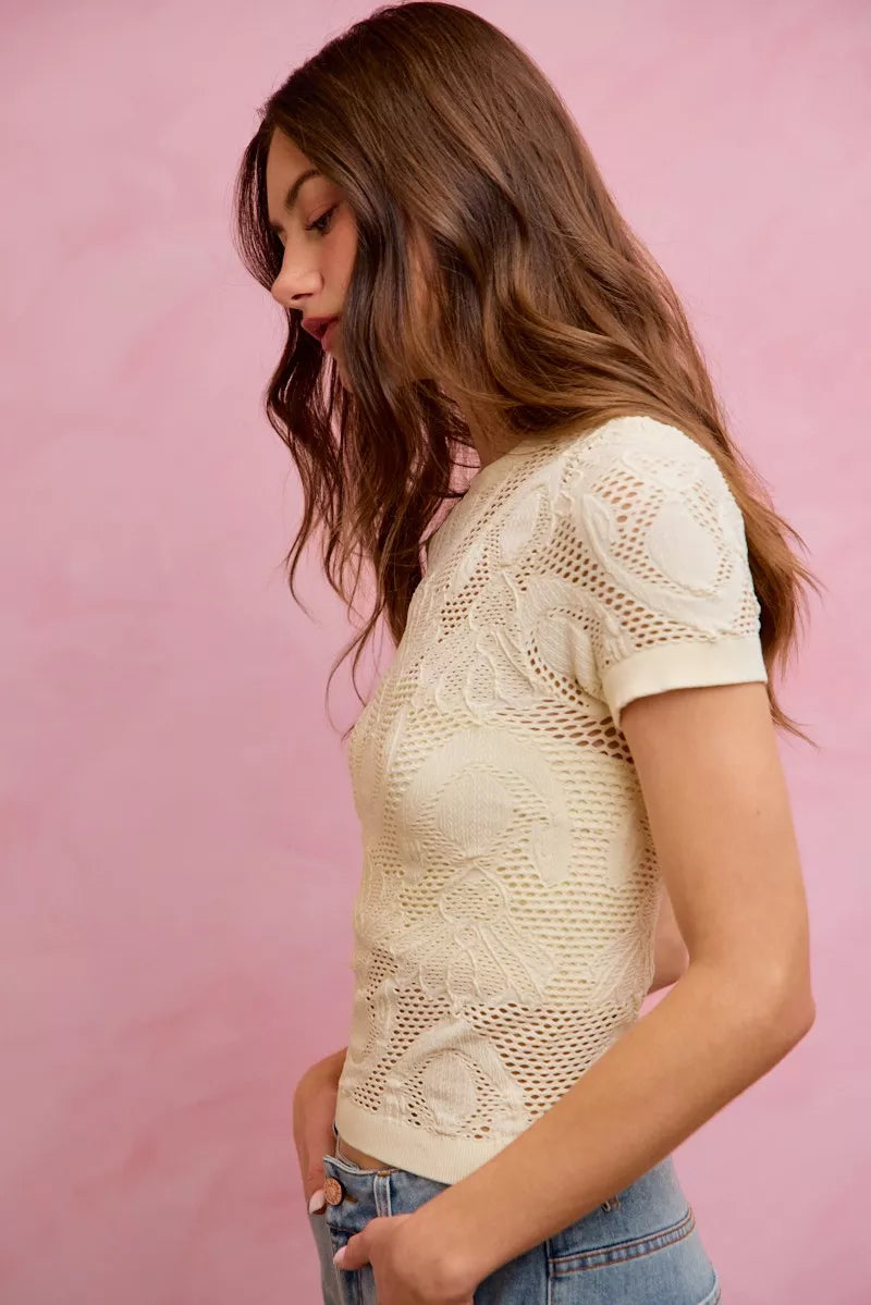SO ME Floral Perforated Seamless Active Short Sleeve Top in Off White, view 2