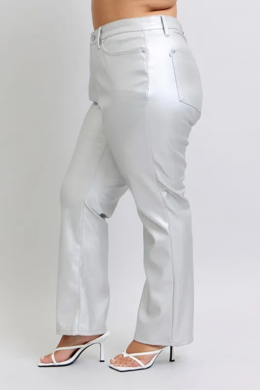 Judy Blue Full Size High Waist Silver Faux Leather Pants Plus Size - Lilixa.store
