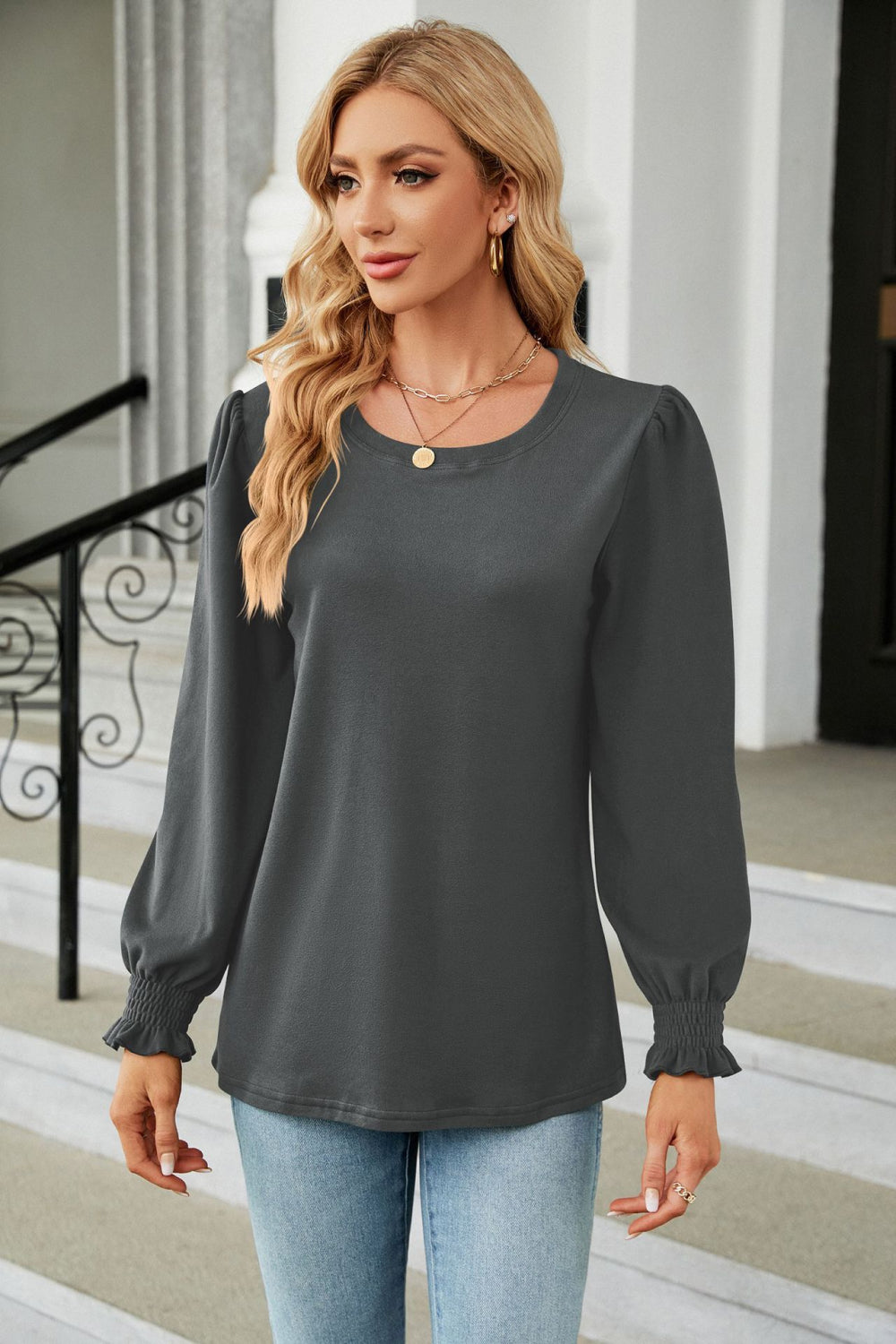 Round Neck Smocked Flounce Sleeve Blouse, view 3