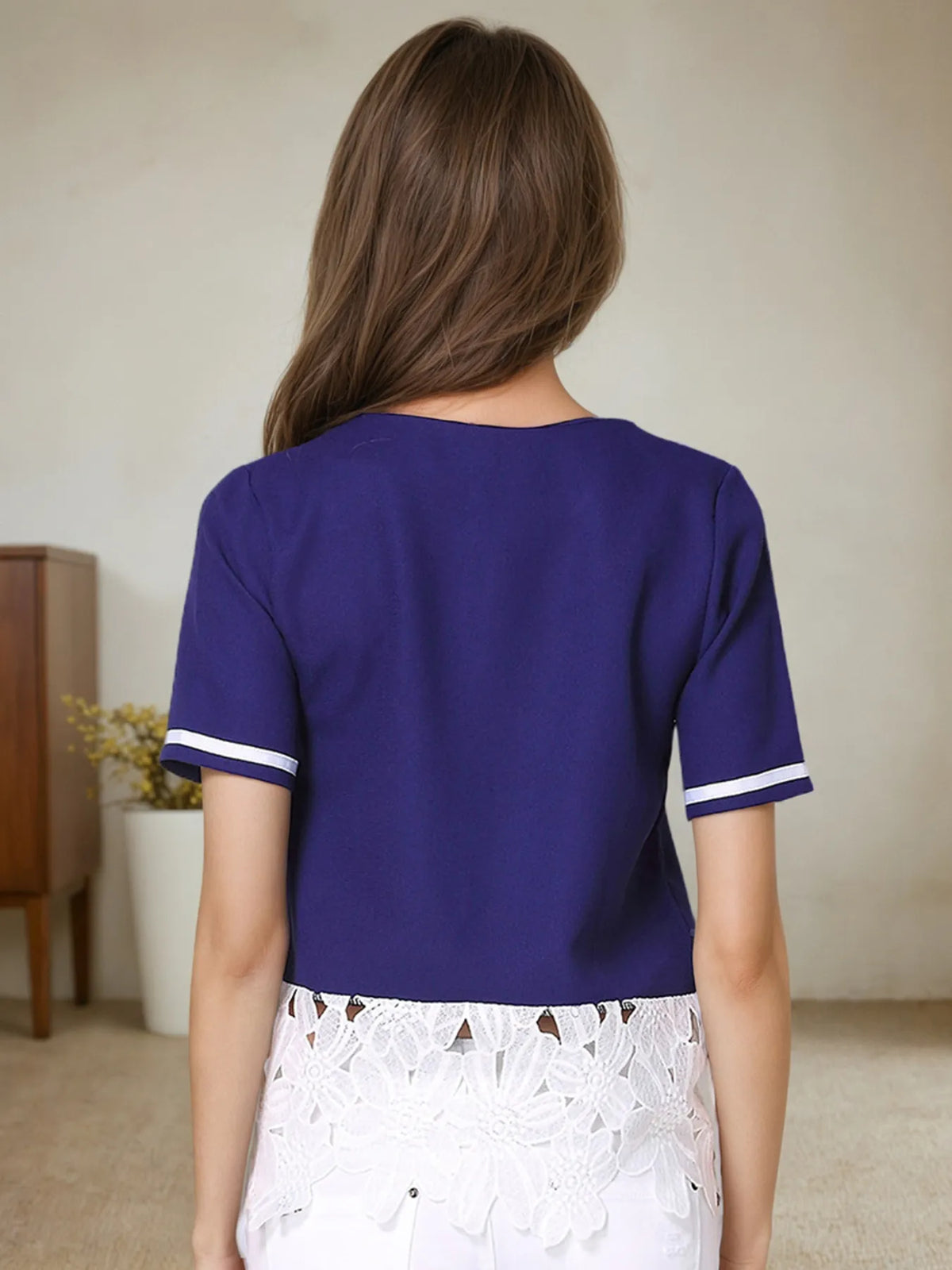 Striped Trim T-Shirt with Lace Hem Detail - Lilixa.store