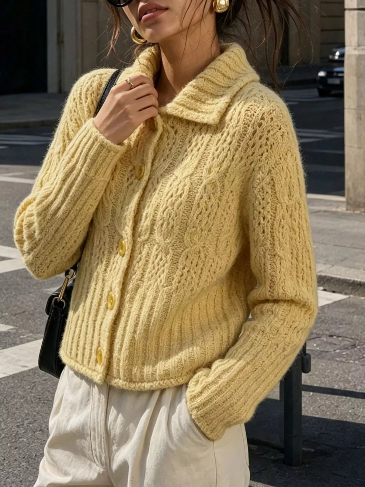 Cable-Knit Button Up Cardigan, view 6