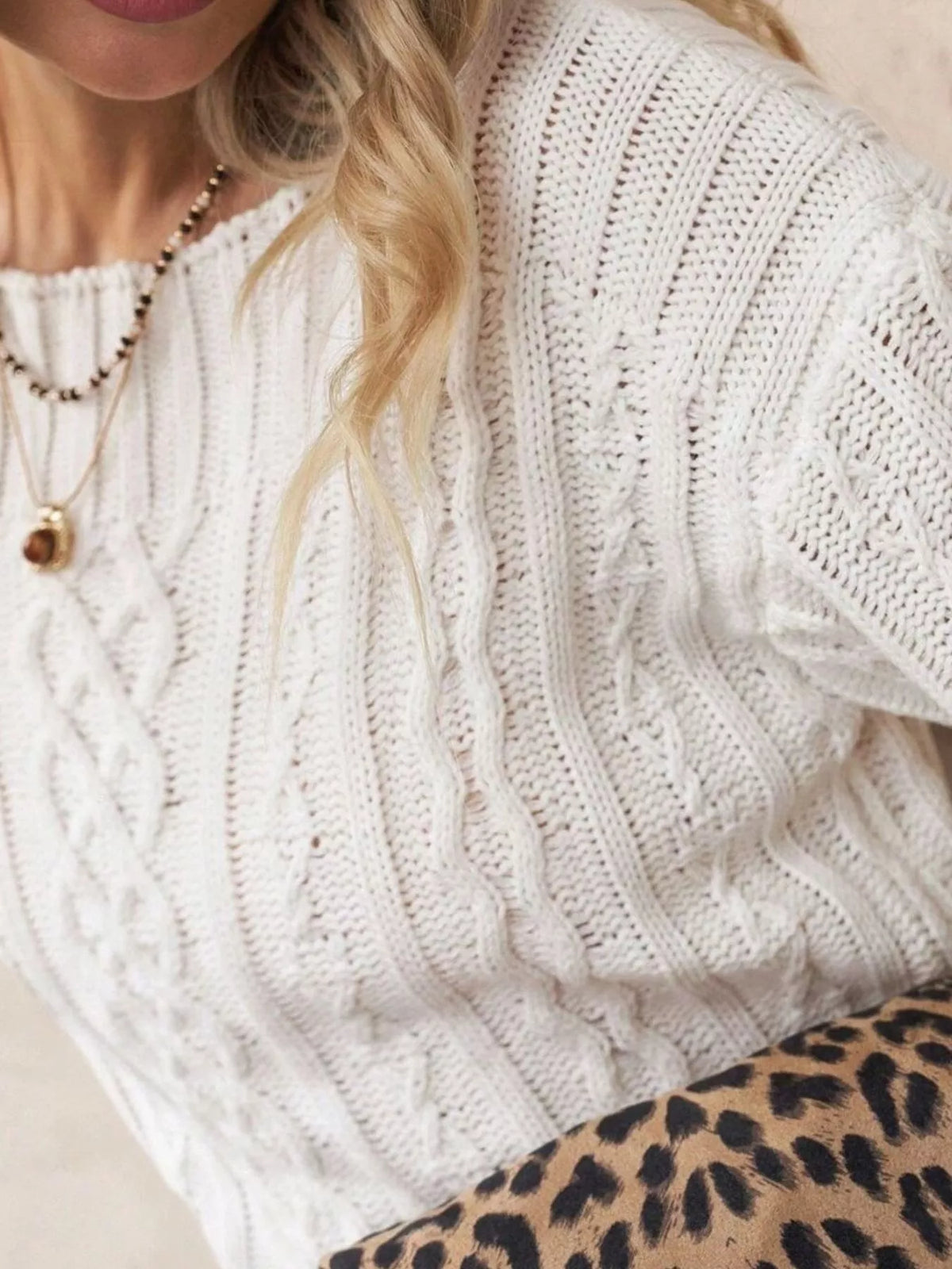 Cable-Knit Round Neck Sweater in White, view 2