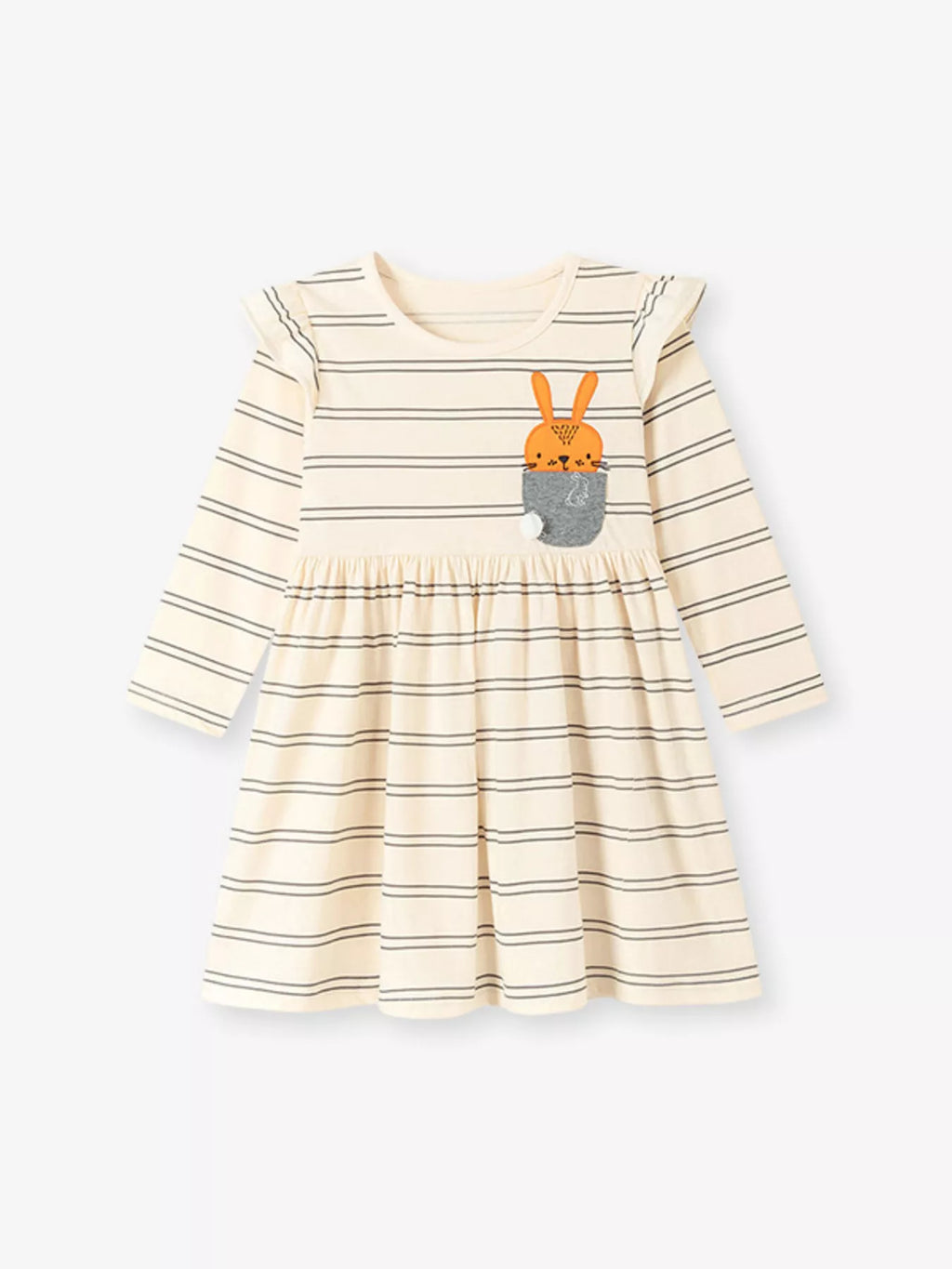 Children's Striped Long-Sleeve Dress with Rabbit Pocket Detail - Lilixa.store