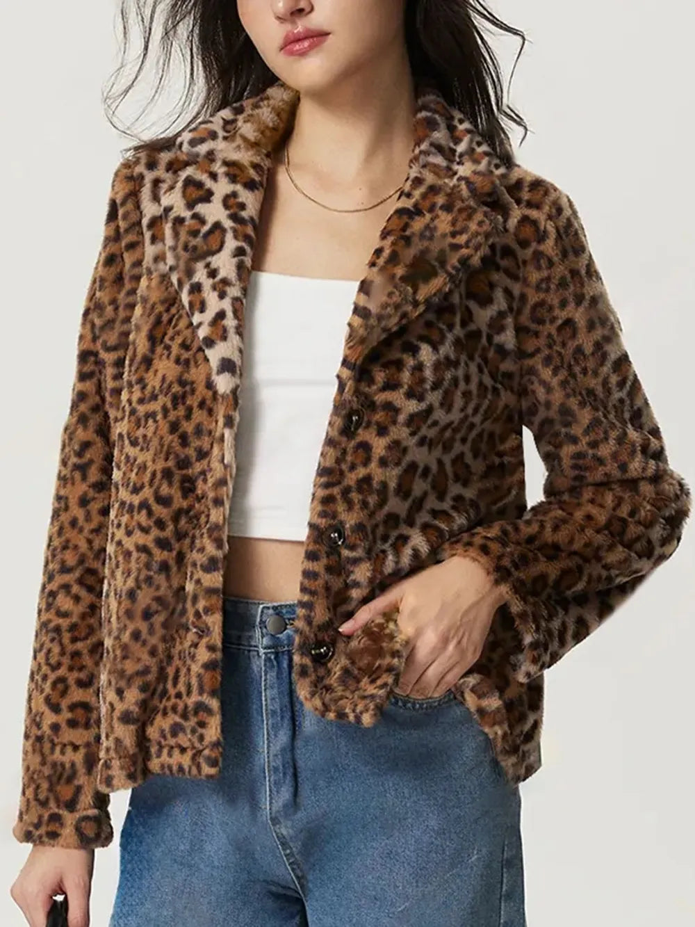 Fuzzy Leopard Collared Neck Jacket, view 3