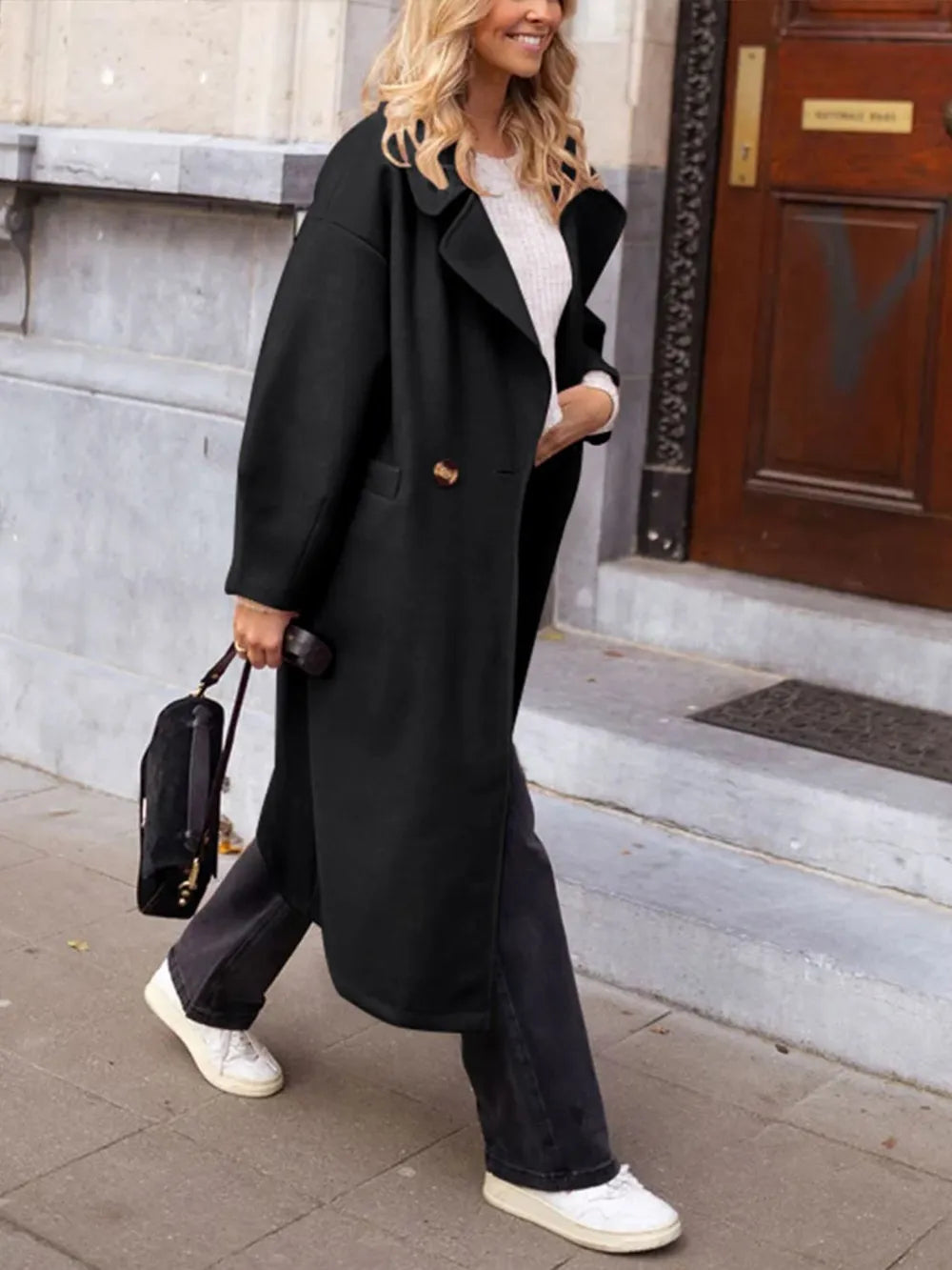 Pocketed Collared Neck Long Sleeve Coat - Lilixa.store