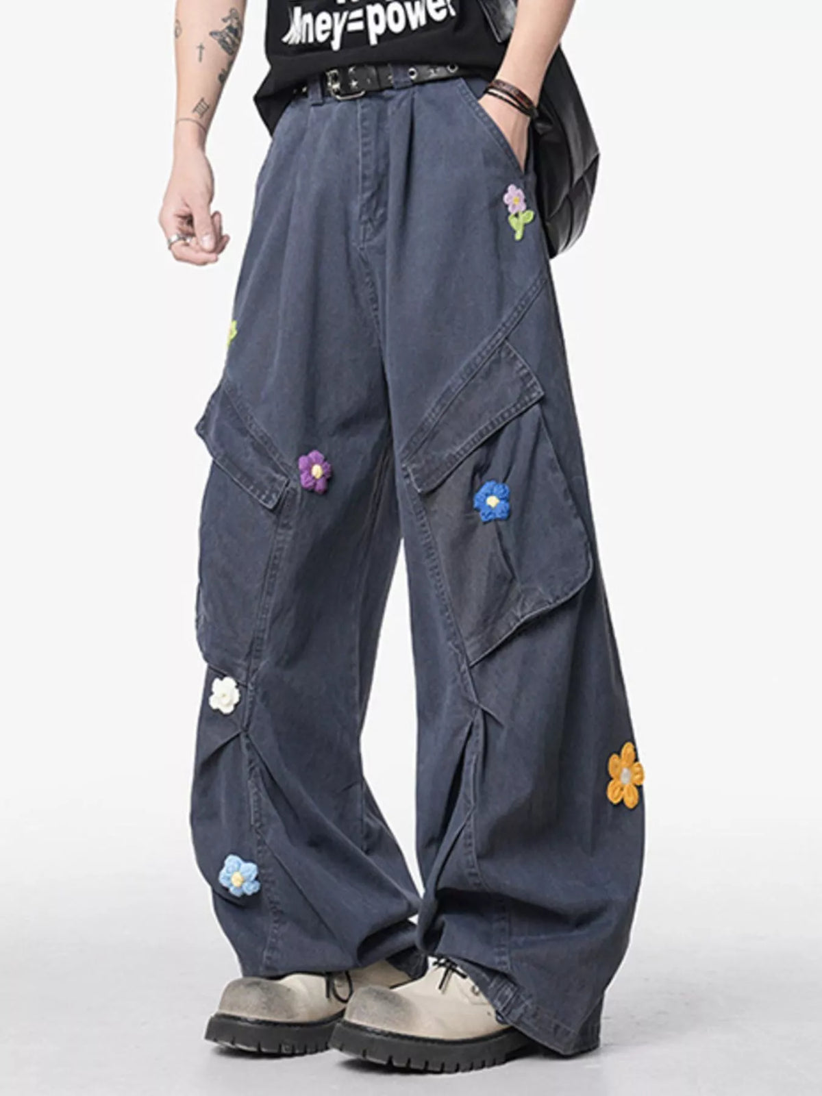 Men's Flower Wide Leg Pants in Grey