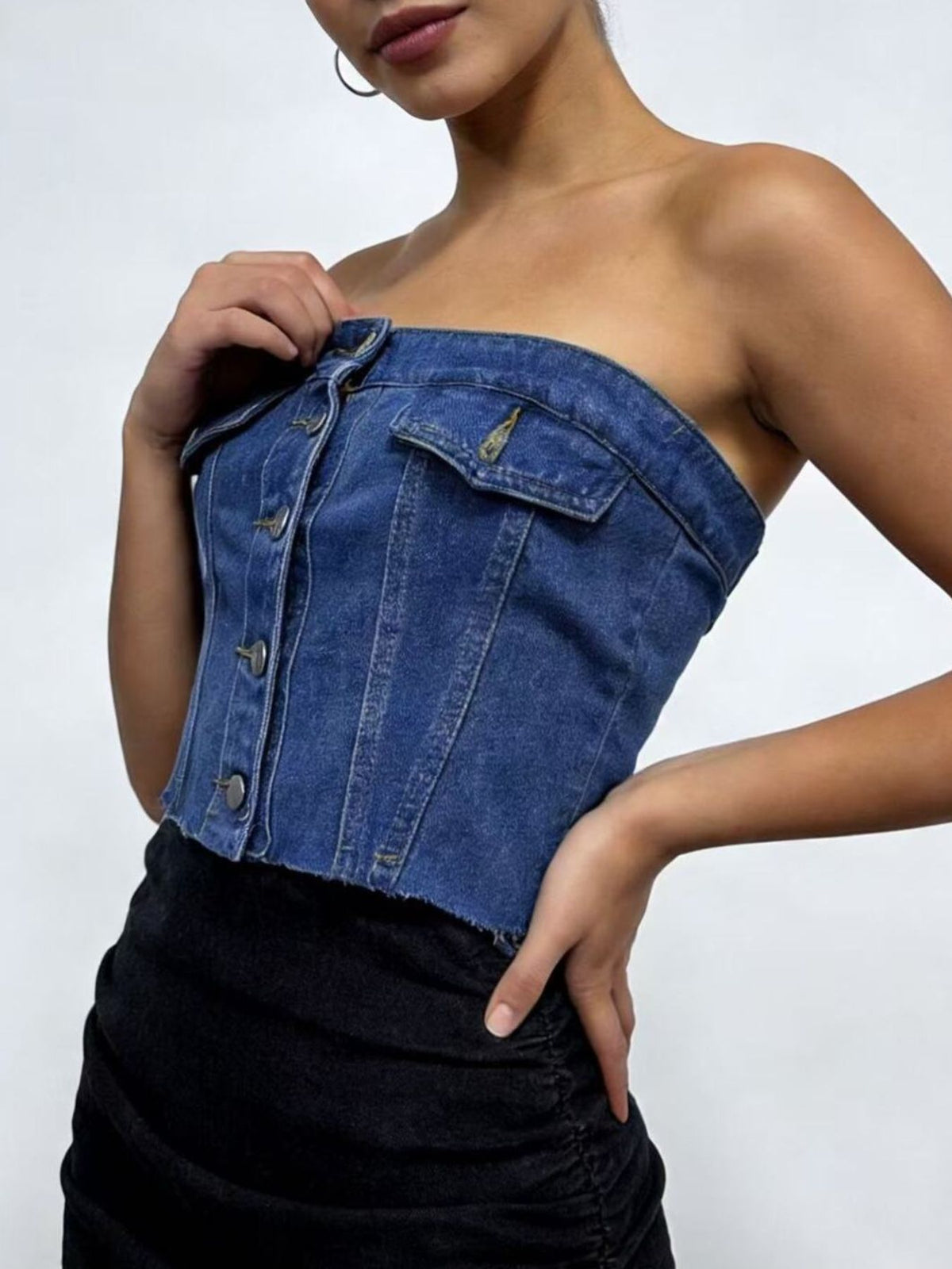 Button Front Denim Tube Top - Lilixa.store