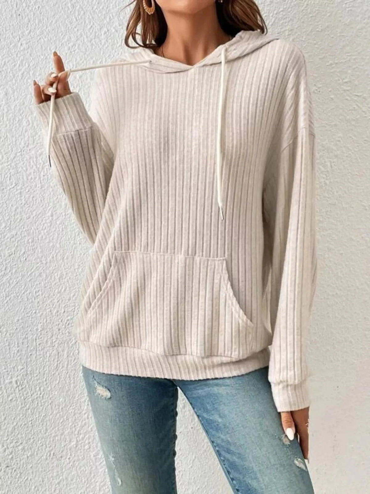 Ribbed Knit Long Sleeve Drawstring Hoodie - Lilixa.store