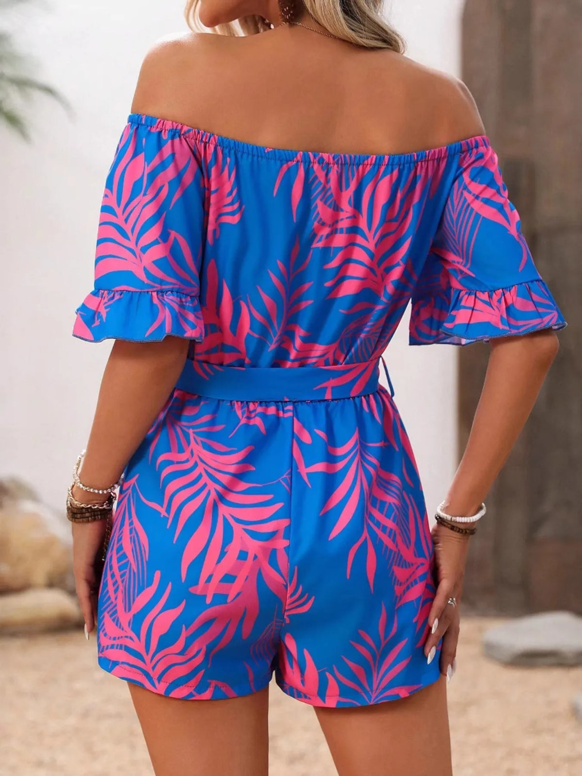 Tropical Print Off-Shoulder Romper - Lilixa.store