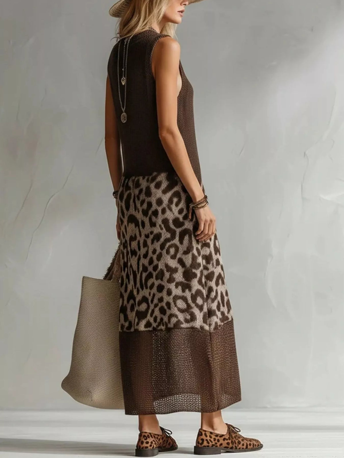 Full Size Sleeveless Color-Block Leopard Sweater Dress Plus Size