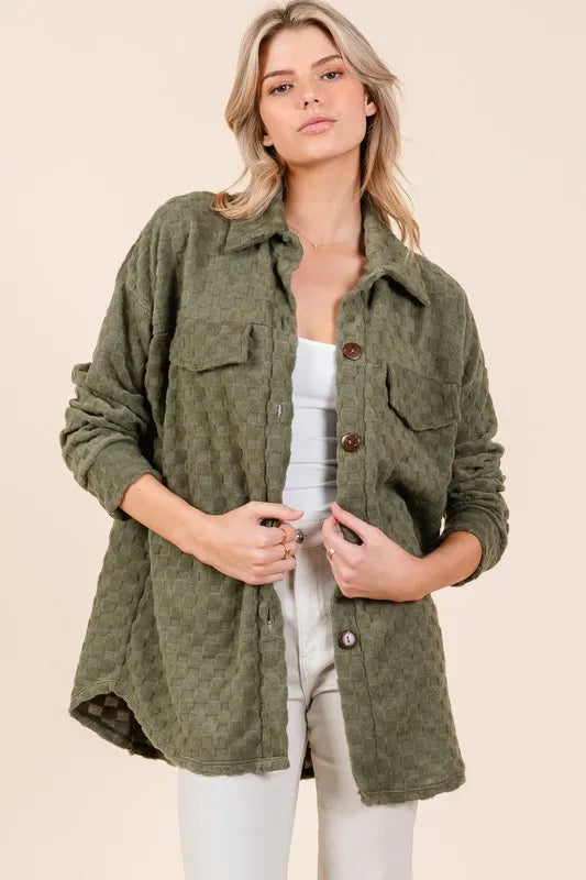BOMBOM Checkered Button Down Dropped Shoulder Shacket - Lilixa.store