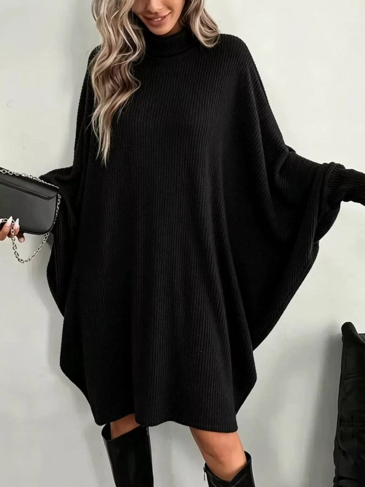 Oversized Batwing Sleeve Ribbed Knit Turtleneck Dress - Lilixa.store