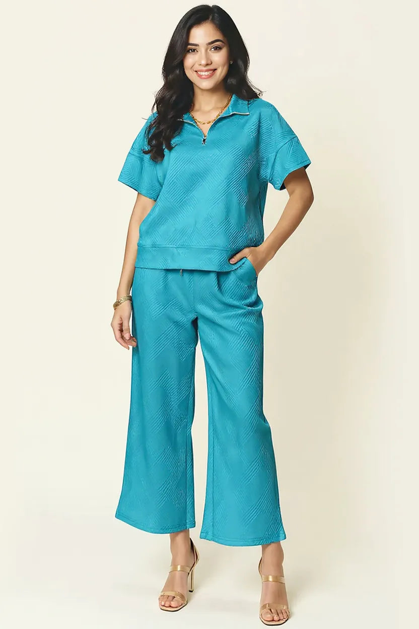 Double Take Full Size Texture Half Zip Short Sleeve Top and Pants Set in Light Blue
