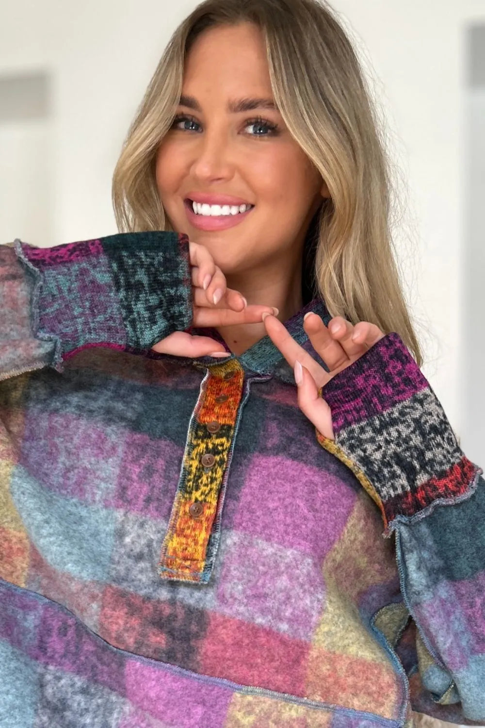 Double Take Full Size Plaid Dropped Shoulder Fleece Hoodie Plus Size - Lilixa.store