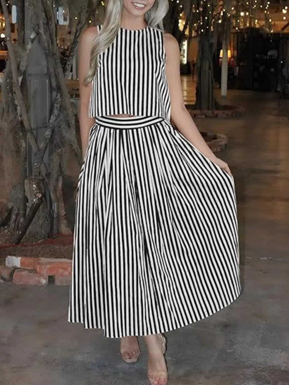Striped Sleeveless Top and Midi Skirt Two-Piece Set, view 3