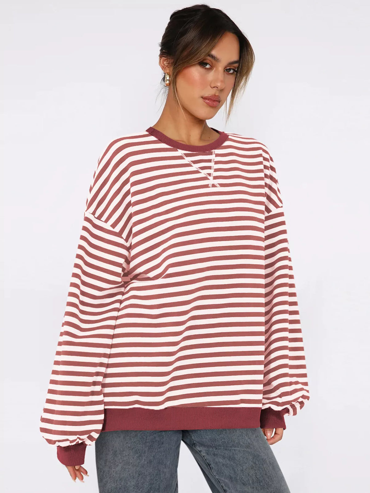 Striped Round Neck Long Sleeve Sweatshirt - Lilixa.store