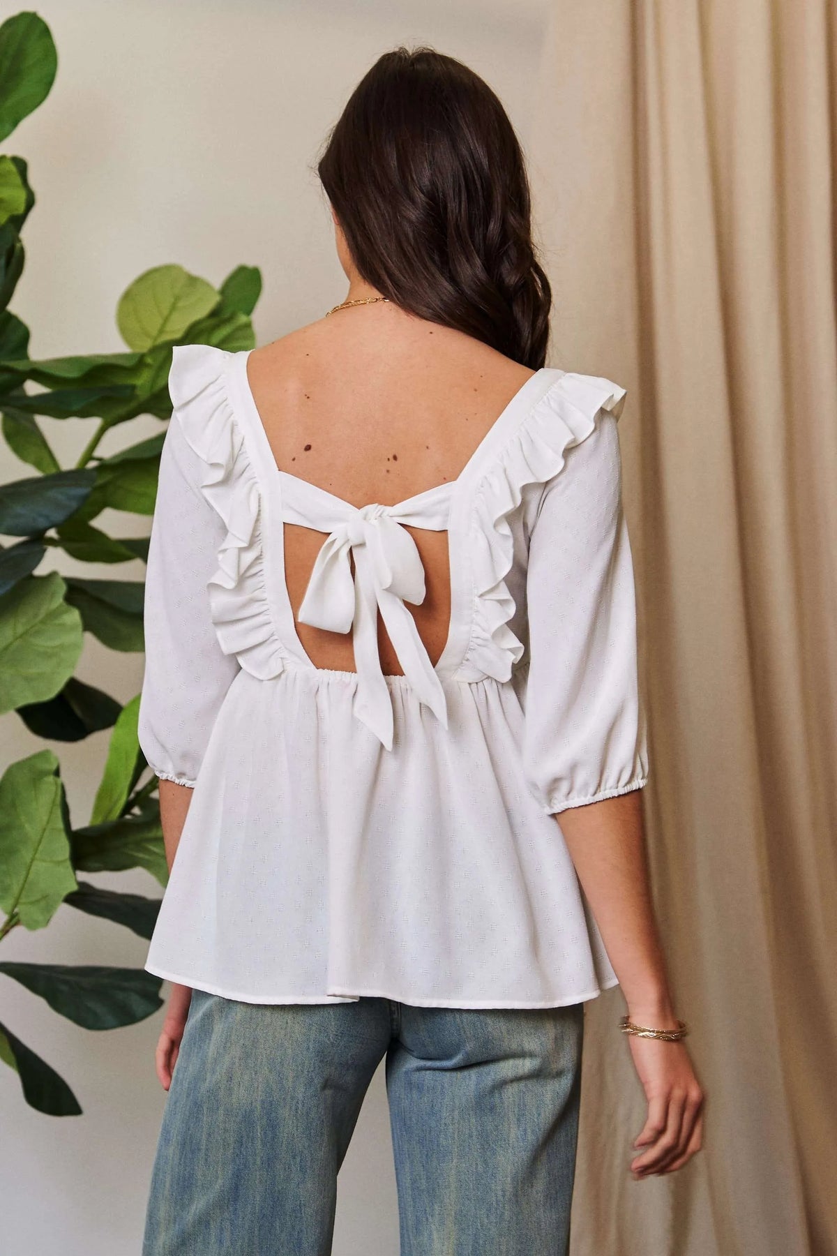 Davi & Dani Texture Tie Back Floral Embroidery Frill Blouse - Lilixa.store