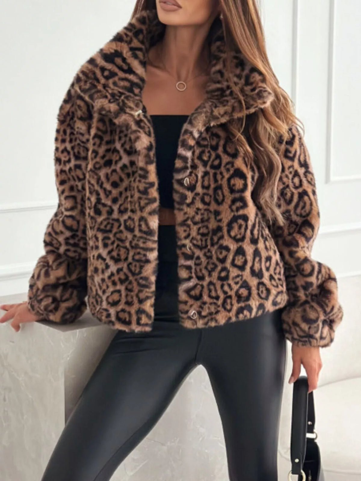 Leopard Faux Fur Cropped Jacket in Leopard Print, view 2