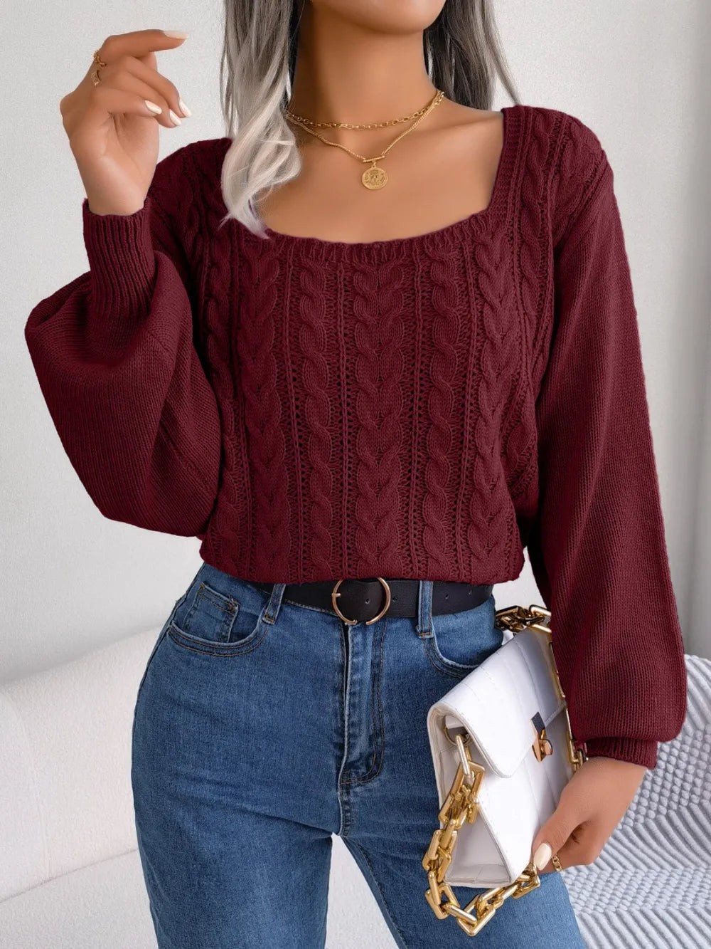 Cable-Knit Square Neck Long Sleeve Sweater, view 7