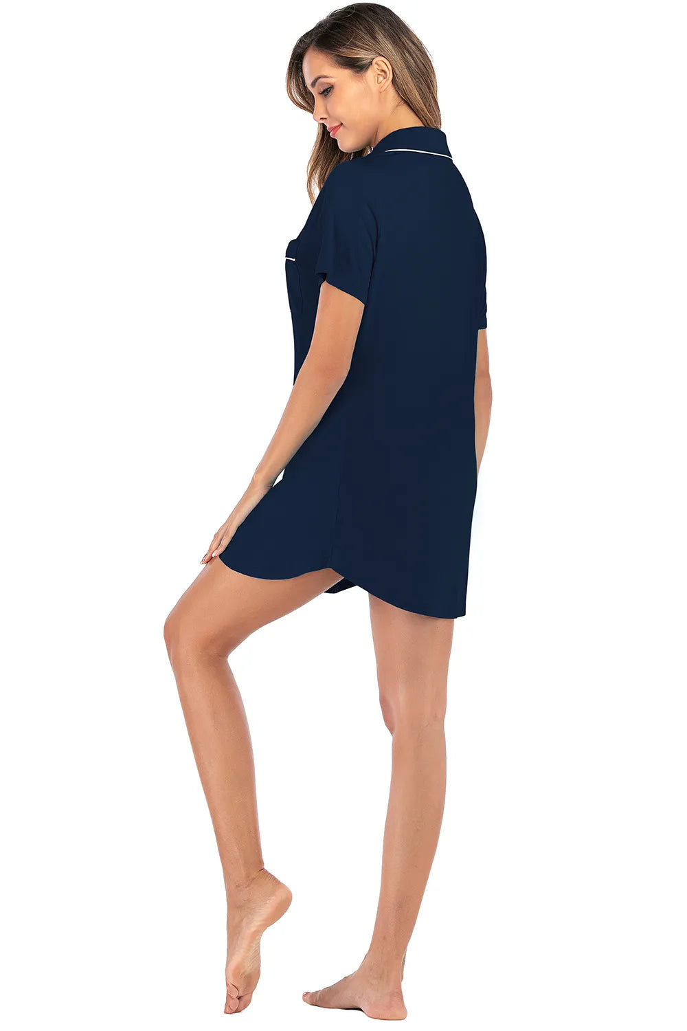 Contrast Piping Pocketed Short Sleeve Lounge Dress - Lilixa.store