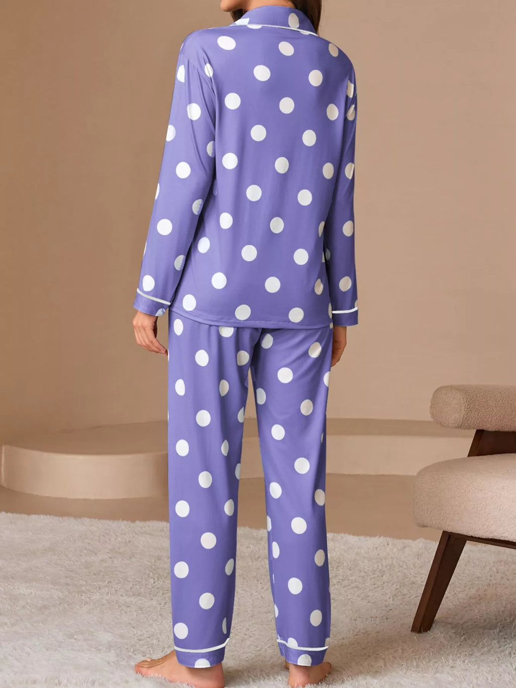 Polka Dot Button-Down Top and Pants Lounge Set - Lilixa.store