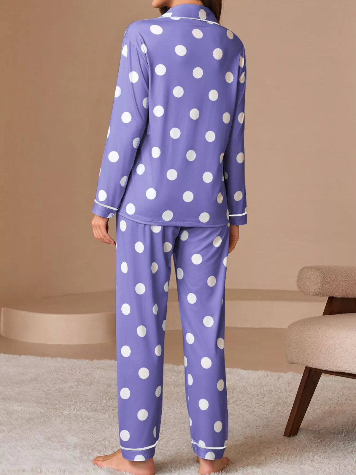 Polka Dot Button-Down Top and Pants Lounge Set - Lilixa.store