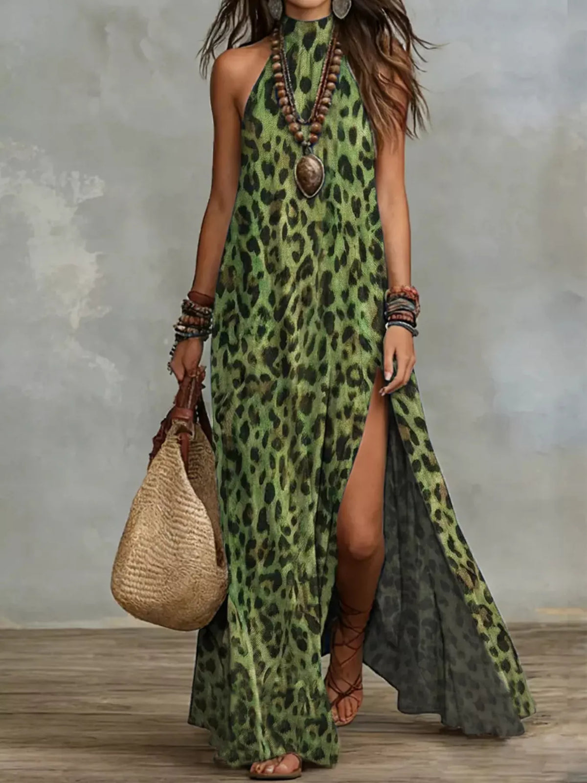 Leopard Print Sleeveless Maxi Dress with Side Slit