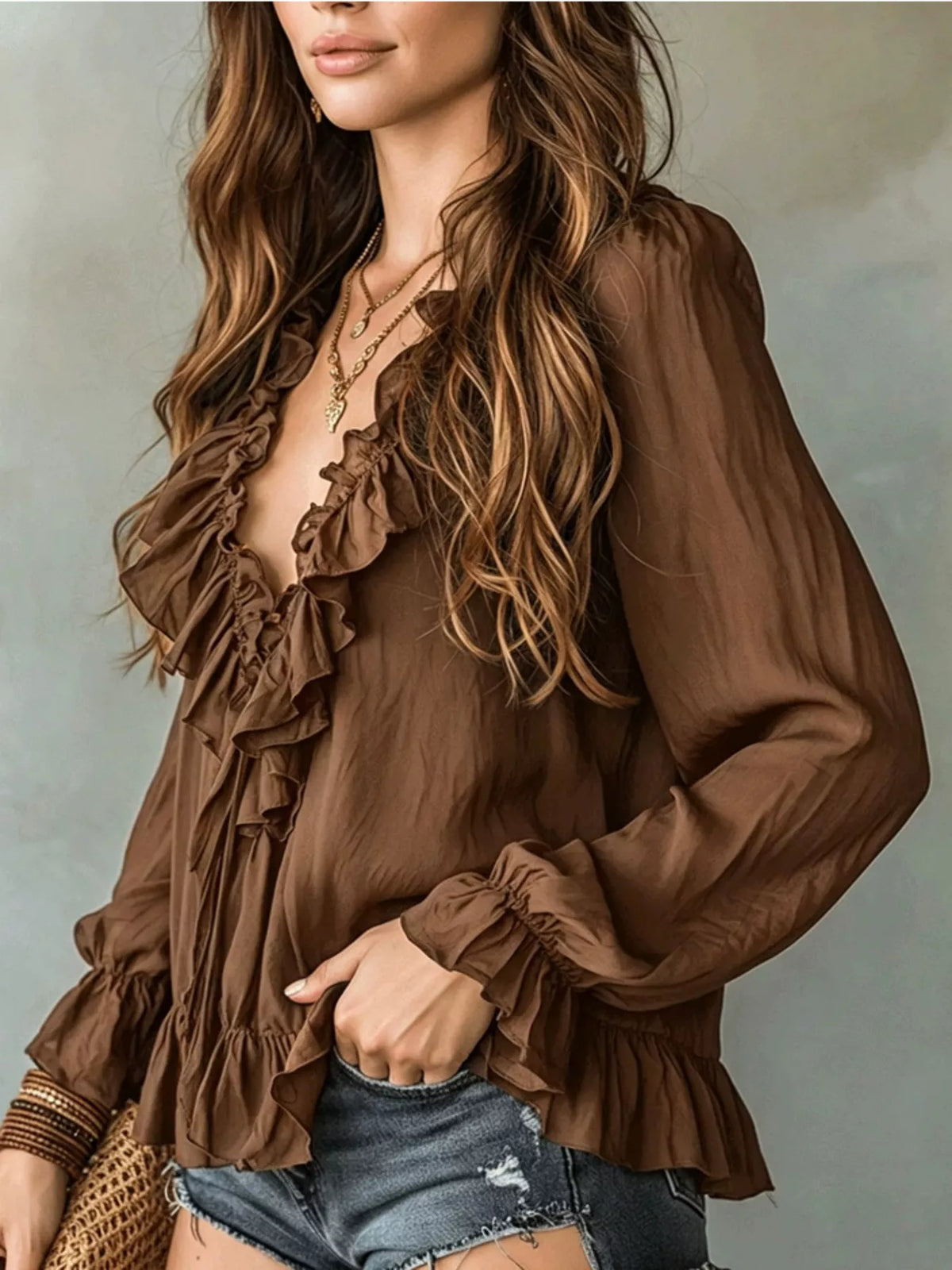 Ruffle V-Neck Long Sleeve Blouse, view 11