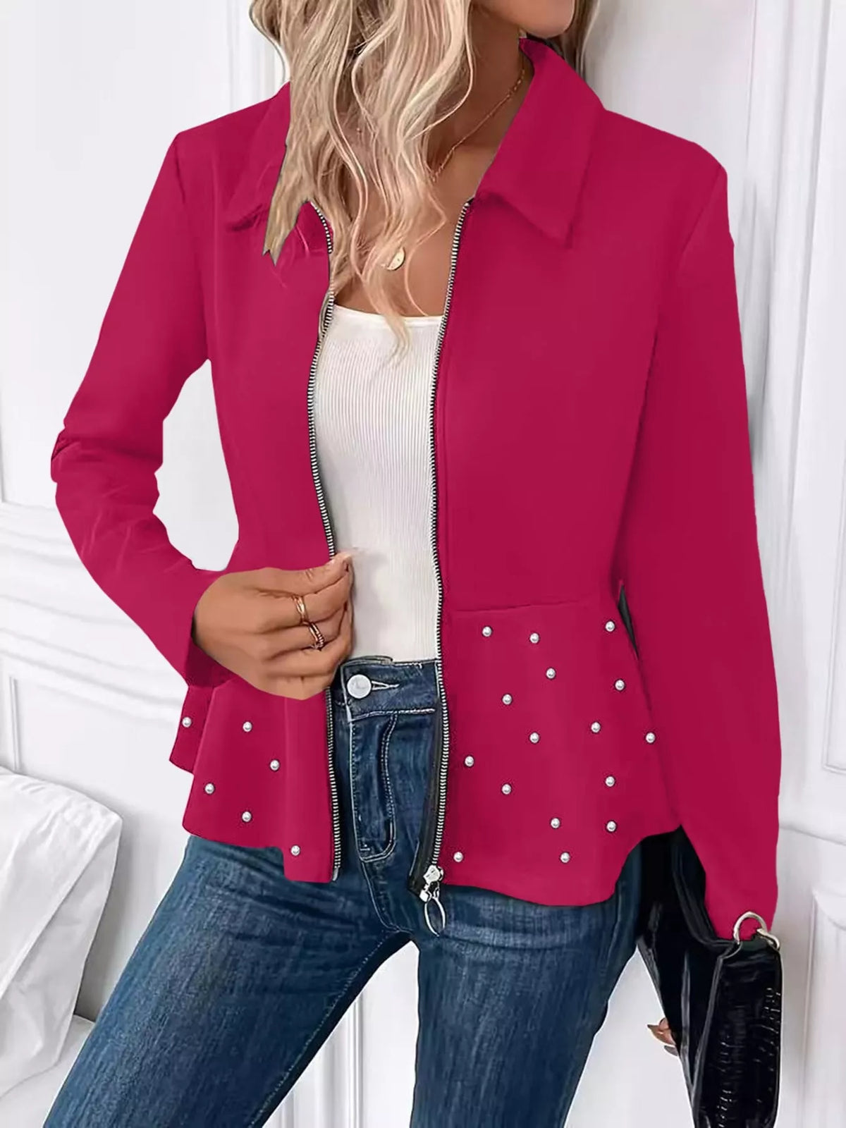 Pearl Embellished Zip-Up Peplum Outerwear, view 4
