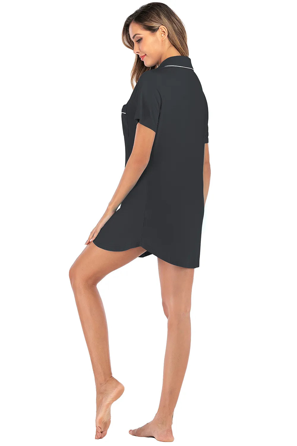 Contrast Piping Pocketed Short Sleeve Lounge Dress - Lilixa.store