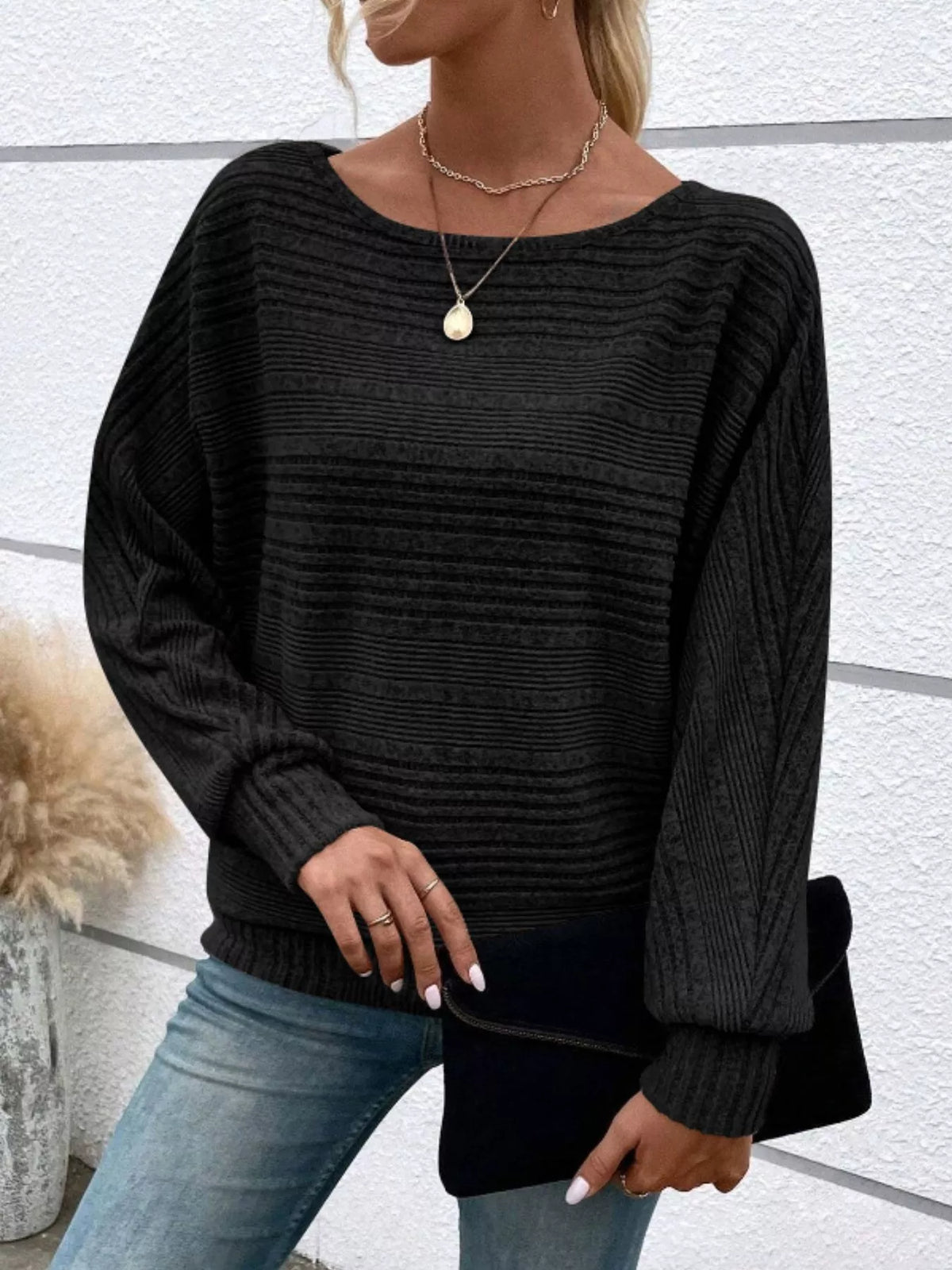 Ribbed Round Neck Long Sleeve Top - Lilixa.store