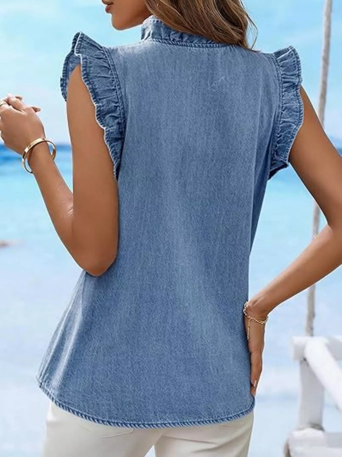 Ruffle Trim V-Neck Sleeveless Denim Top