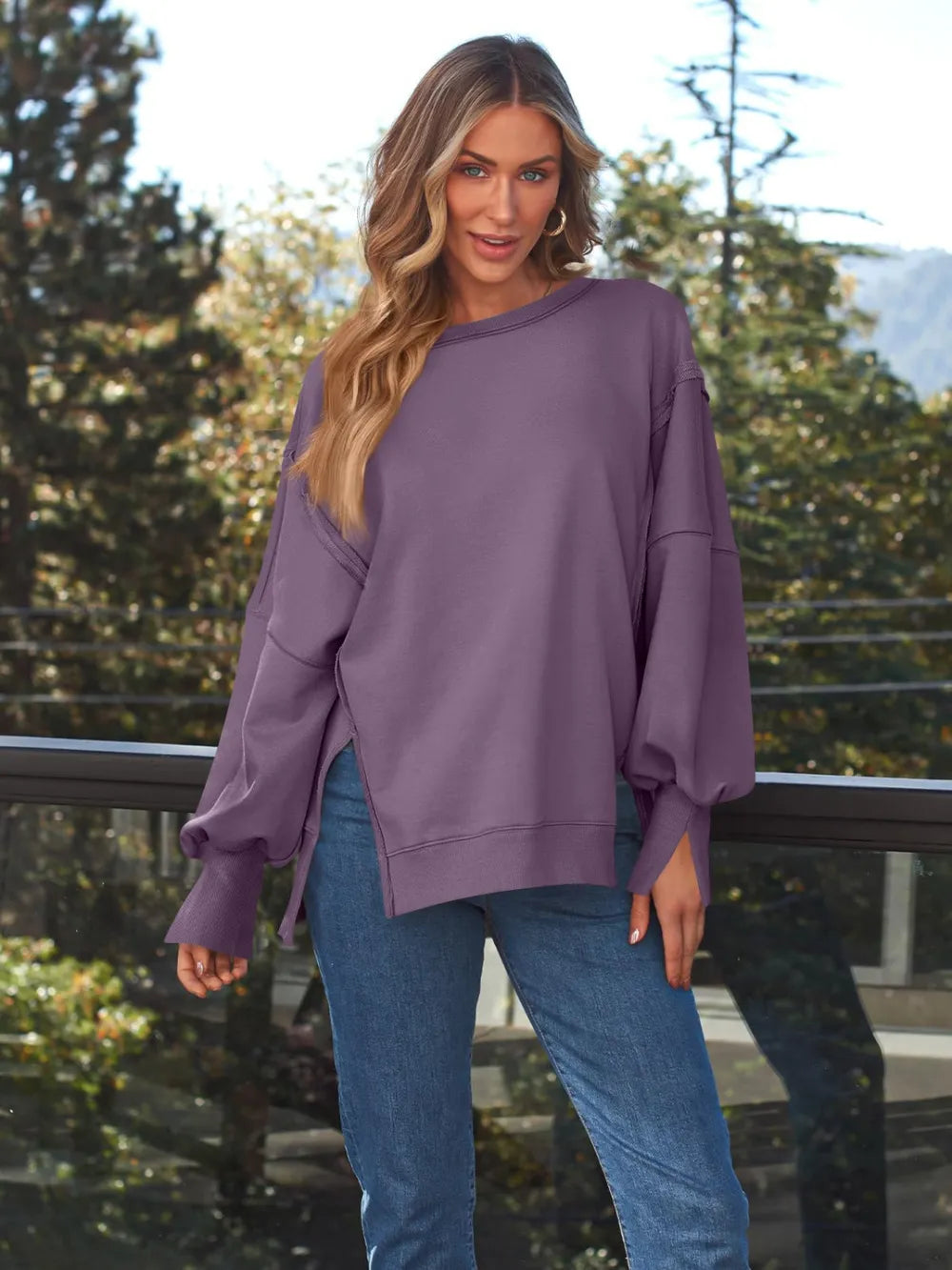 Slit Round Neck Long Sleeve Sweatshirt - Lilixa.store