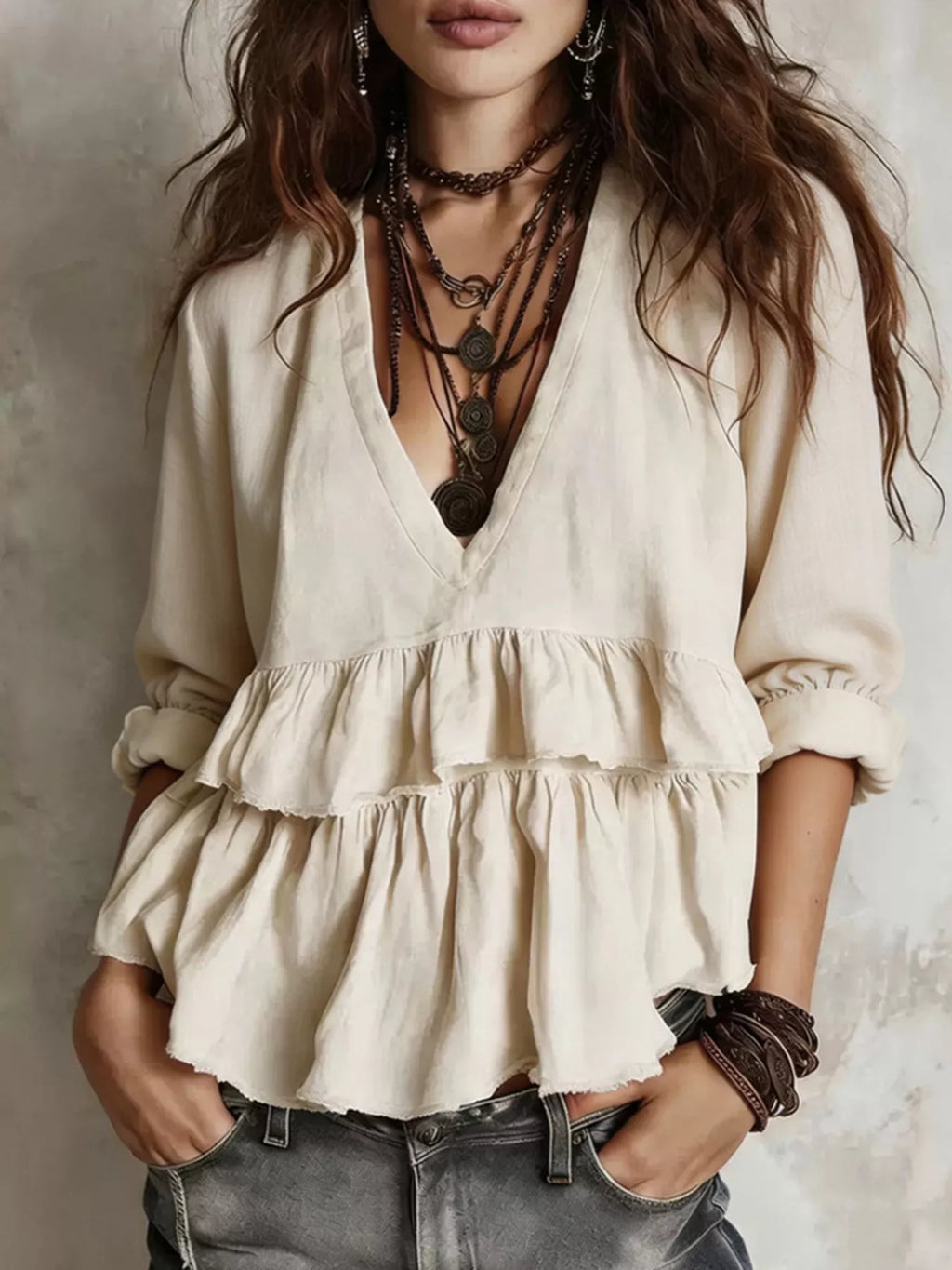 Full Size Ruffled Hem V-Neck Blouse Plus Size - Lilixa.store