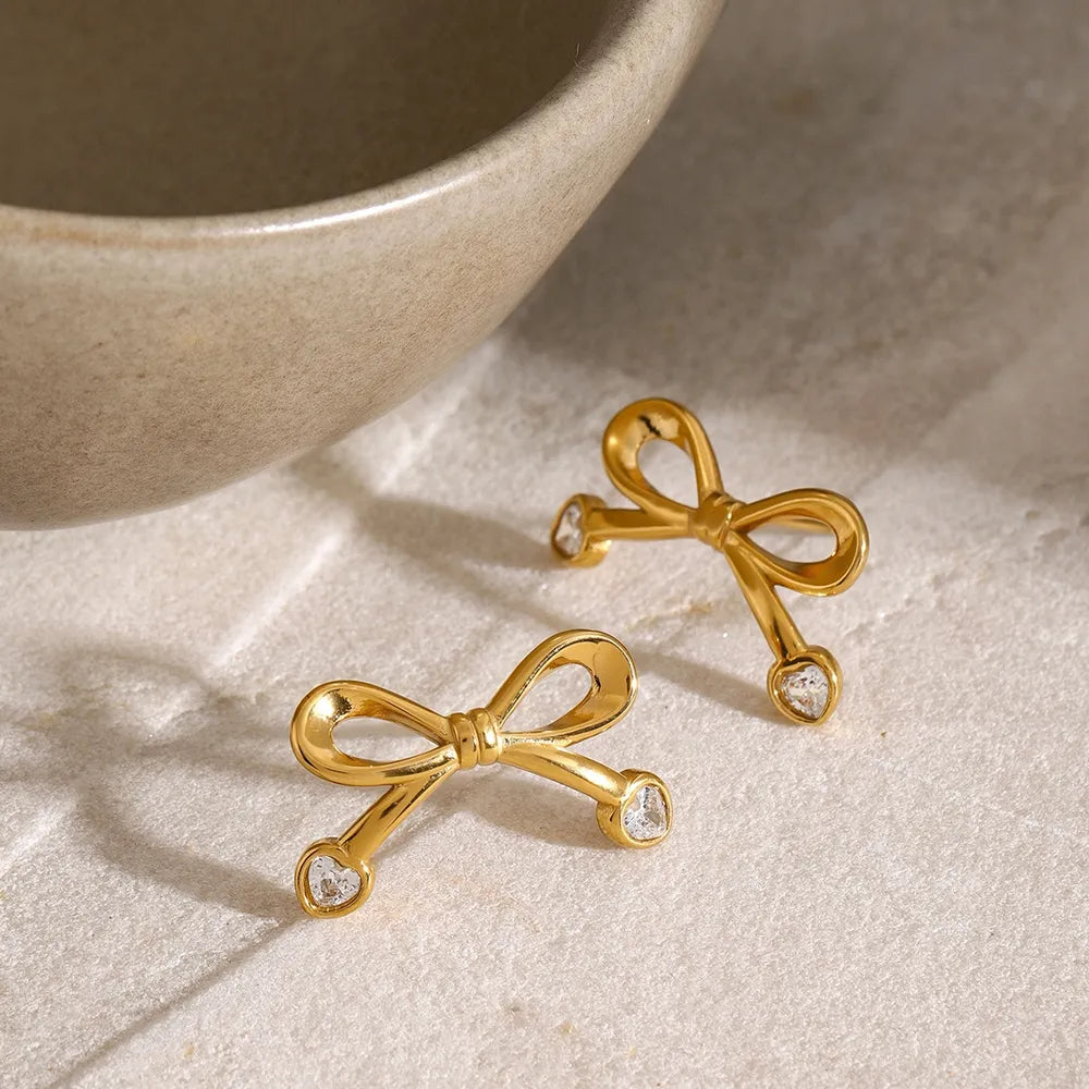 Stainless Steel Inlaid Zircon Bow Earrings in Gold, view 2